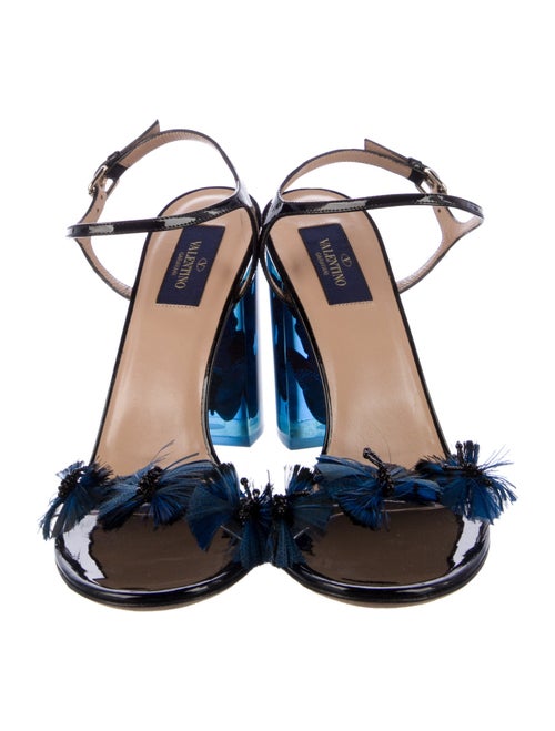 Valentino Patent Leather Feather Trim Sandals