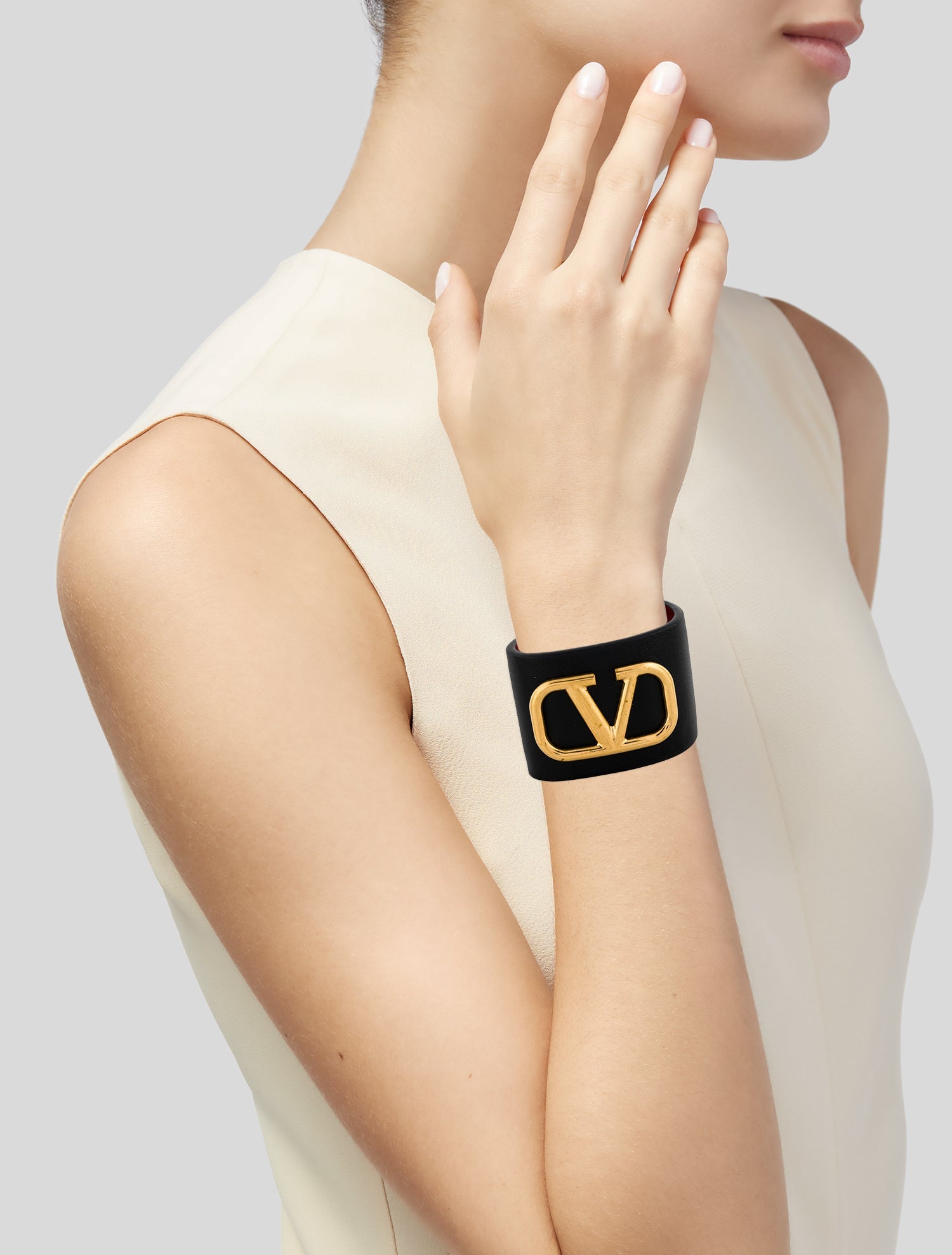 Valentino Wide Leather VLogo Bracelet