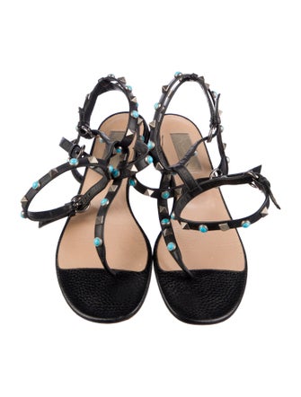 Valentino Leather Studded Accents T-Strap Sandals