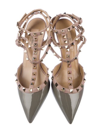 Valentino Rockstud Accents Patent Leather T-Strap Pumps