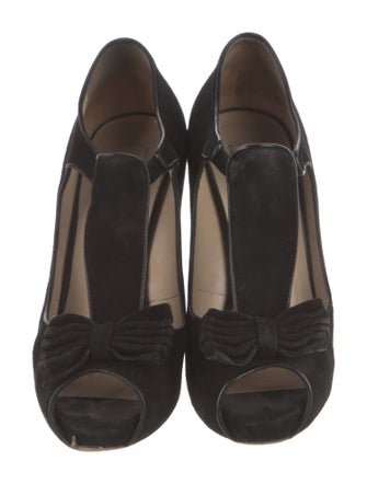 Valentino Suede Bow Accents T-Strap Pumps