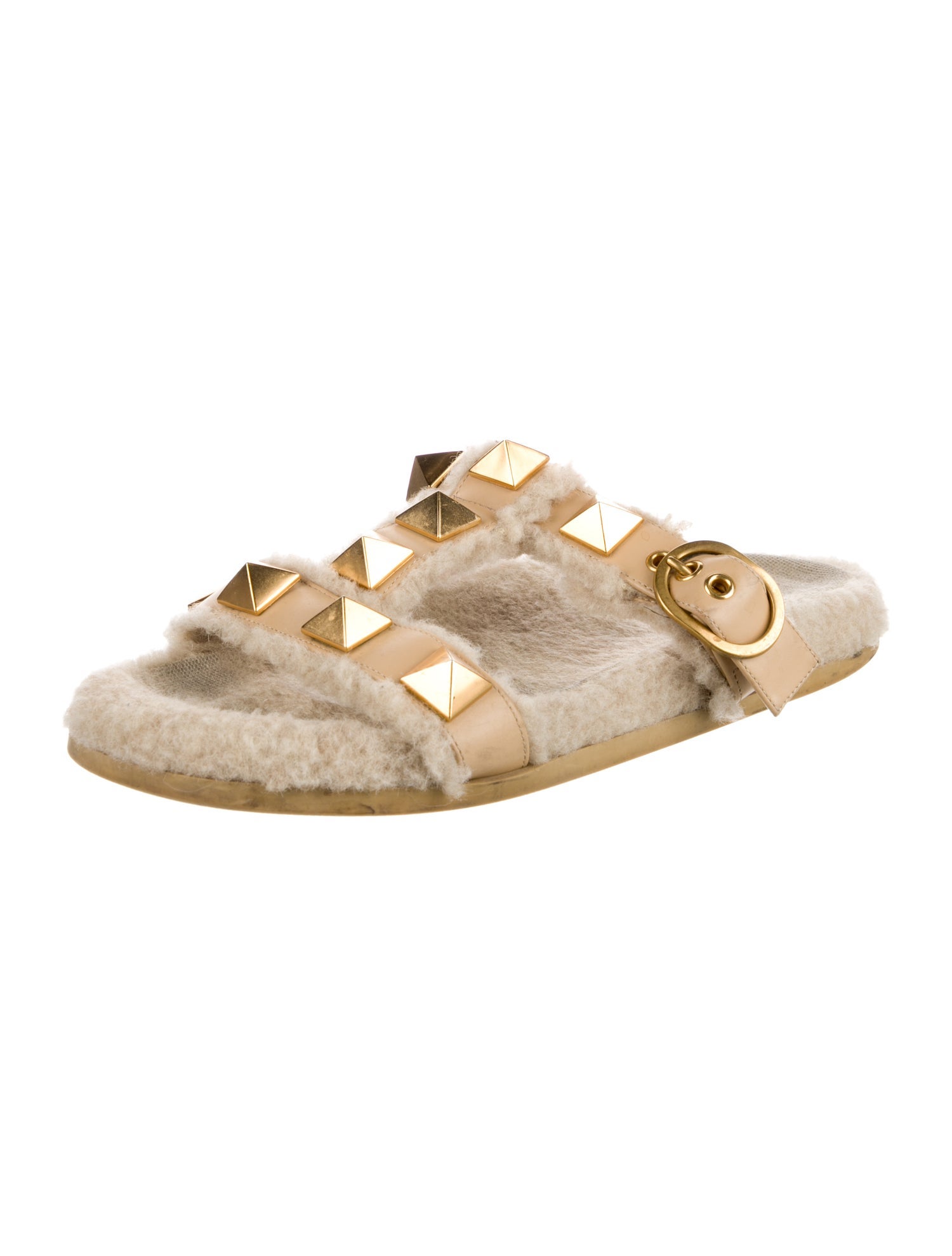 Valentino Rockstud Accents Shearling Slides
