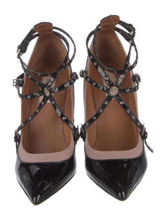 Valentino Patent Leather Colorblock Pattern T-Strap Pumps