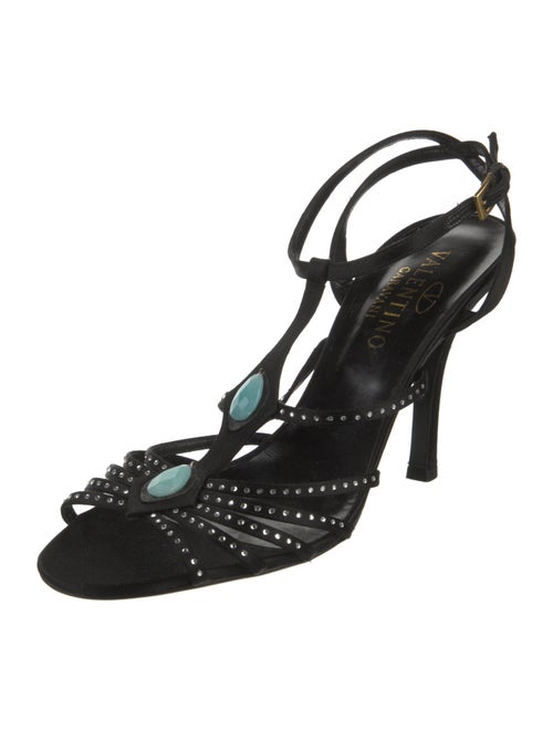 Valentino Suede Crystal Embellishments T-Strap Sandals