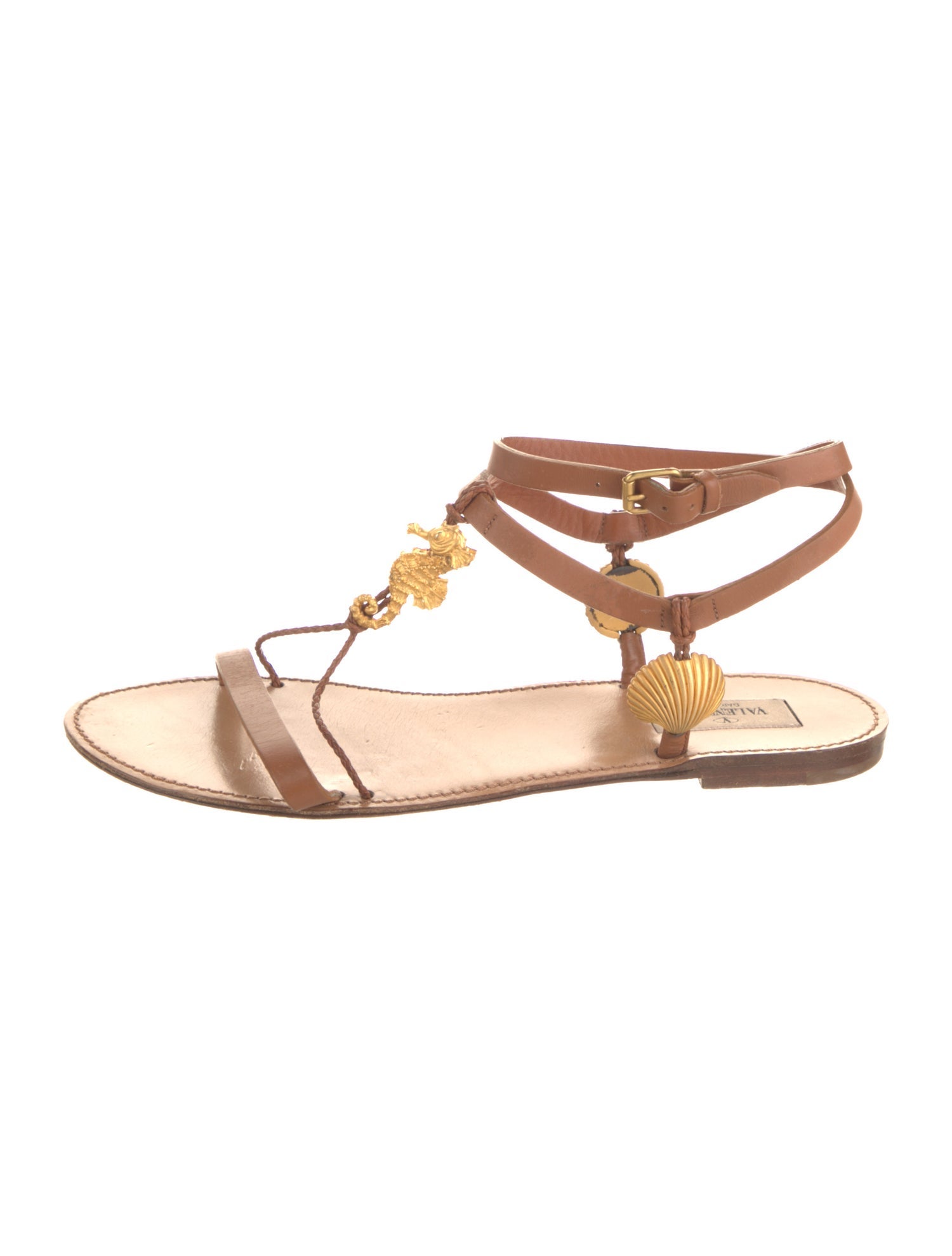 Valentino Leather Braided Accents T-Strap Sandals
