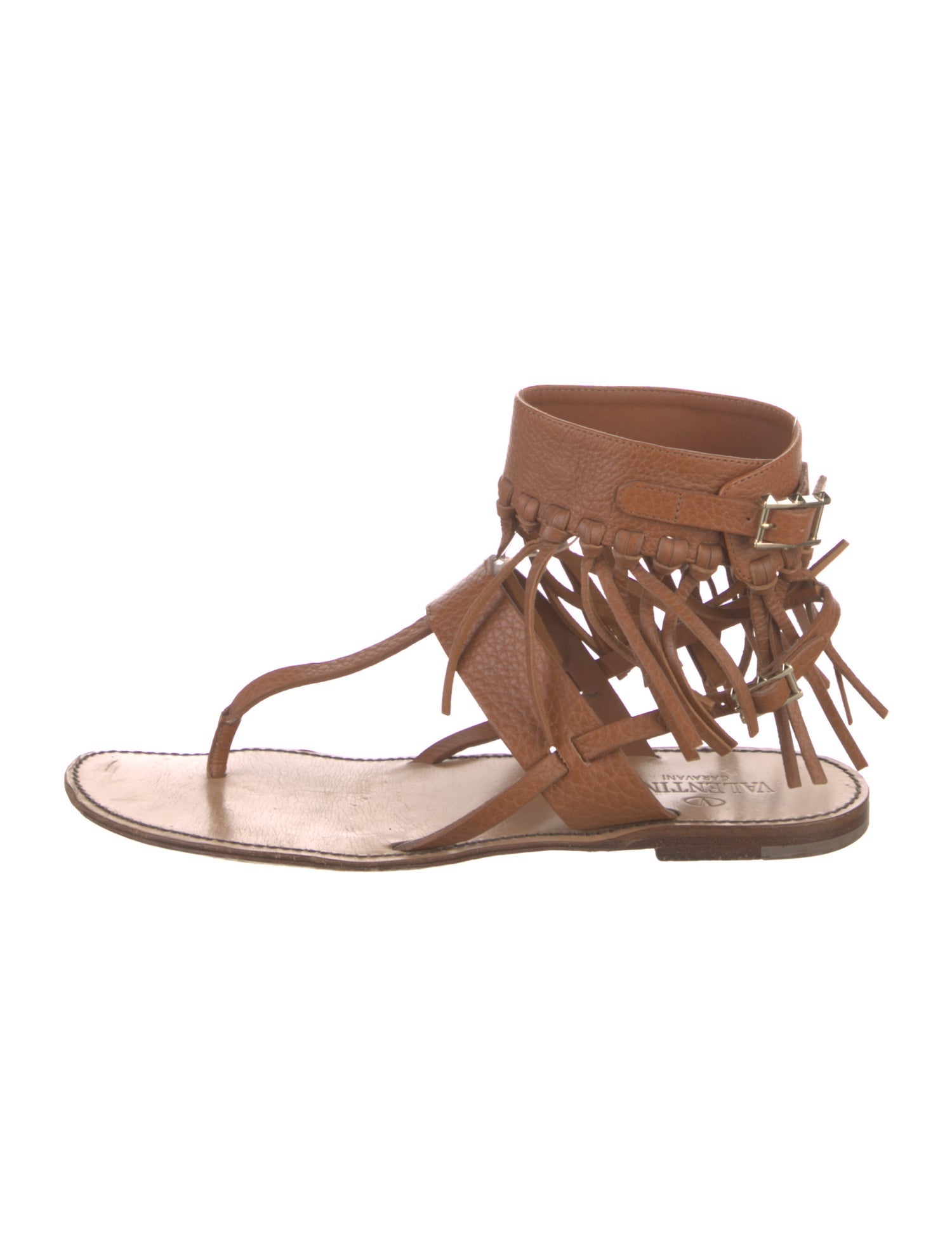 Valentino Leather Fringe Trim Accent Gladiator Sandals