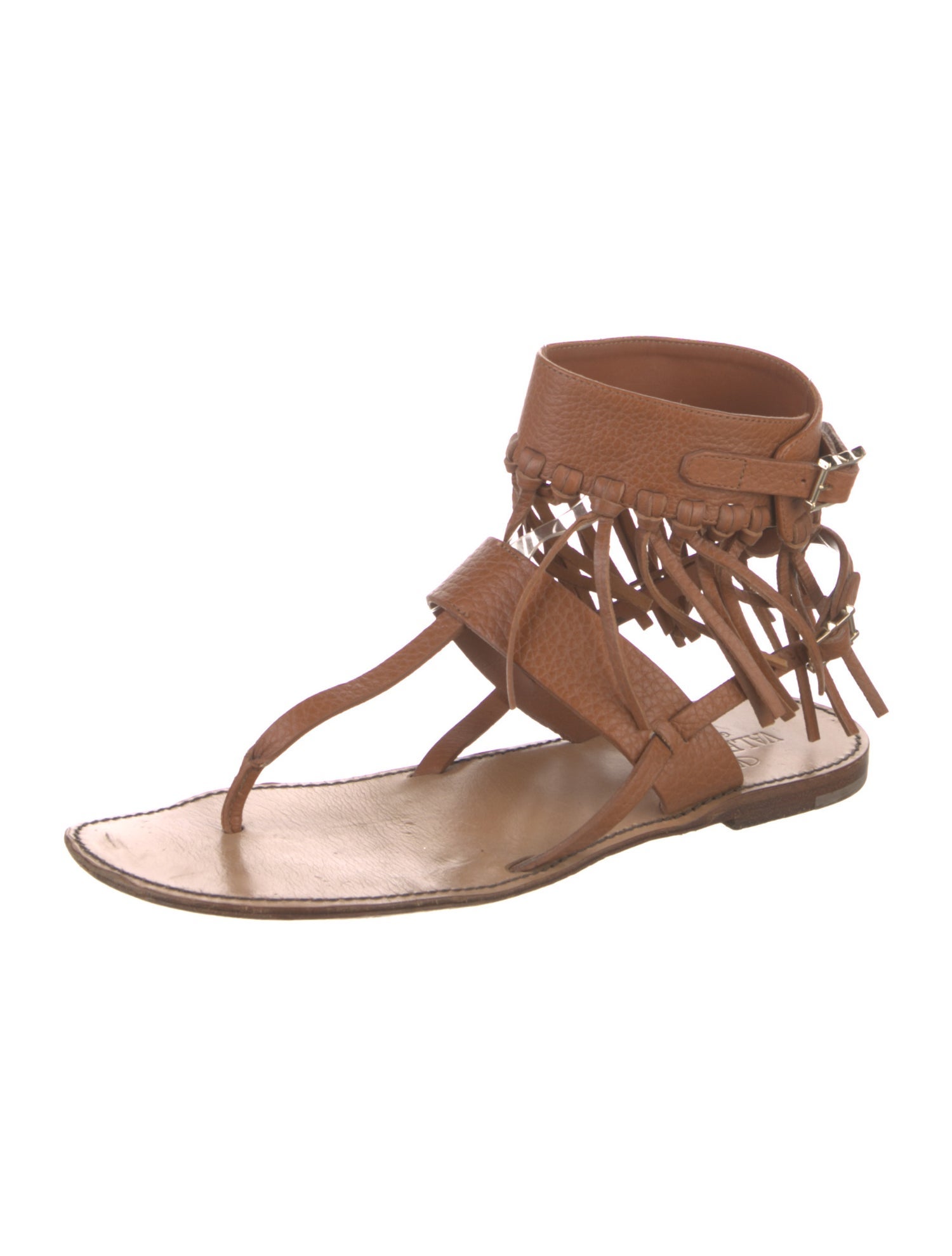 Valentino Leather Fringe Trim Accent Gladiator Sandals
