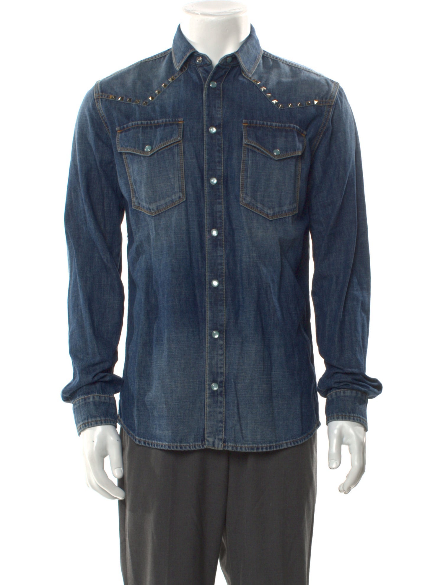 Valentino Rockstud Accents Long Sleeve Denim Shirt