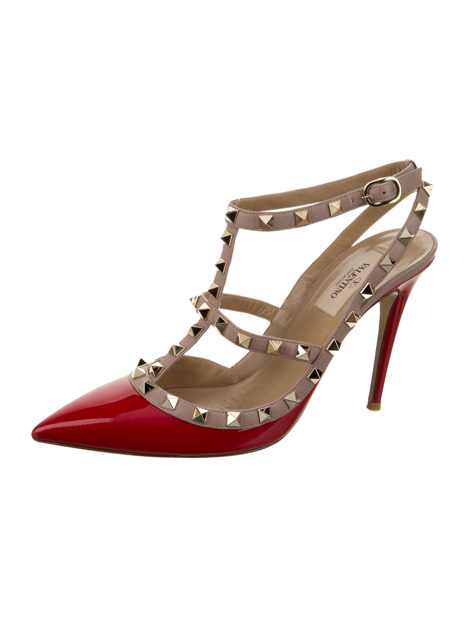 Valentino Patent Leather Studded Accents T-Strap Pumps