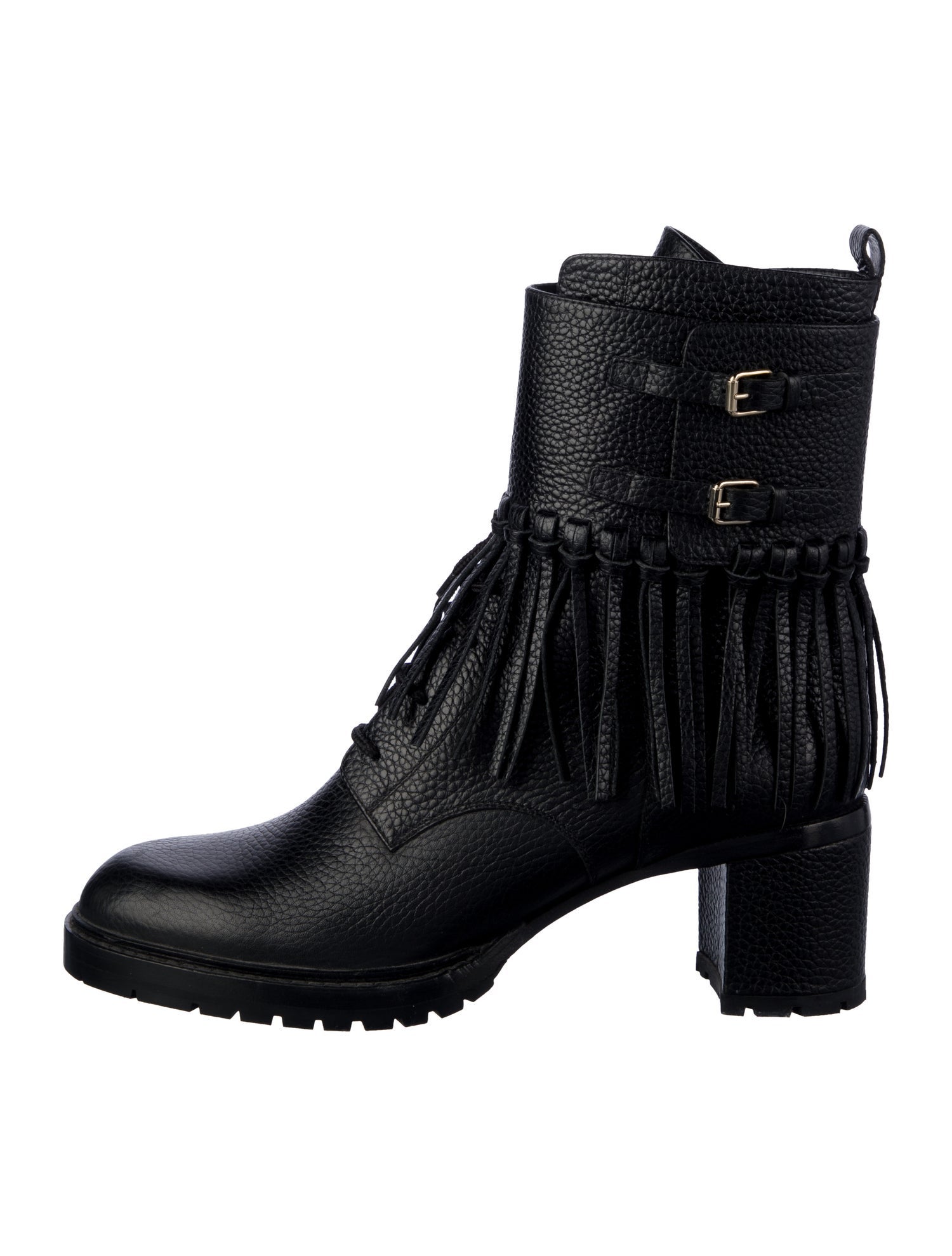 Valentino Leather Fringe Trim Accent Combat Boots