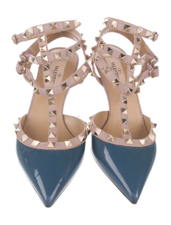 Valentino Patent Leather Colorblock Pattern T-Strap Pumps