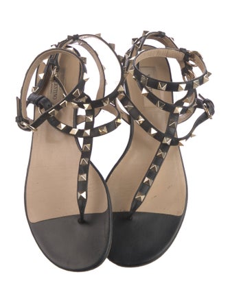 Valentino Leather Studded Accents T-Strap Sandals
