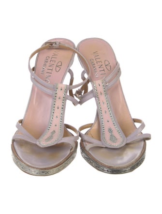 Valentino Leather Colorblock Pattern T-Strap Sandals