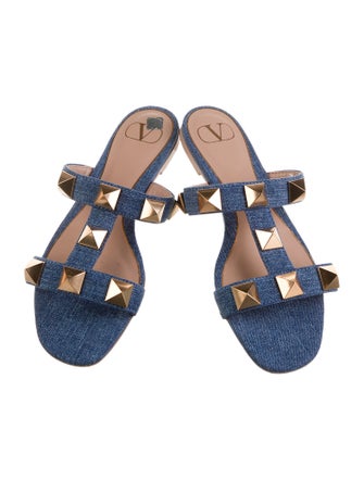 Valentino Rockstud Accents Denim Slides