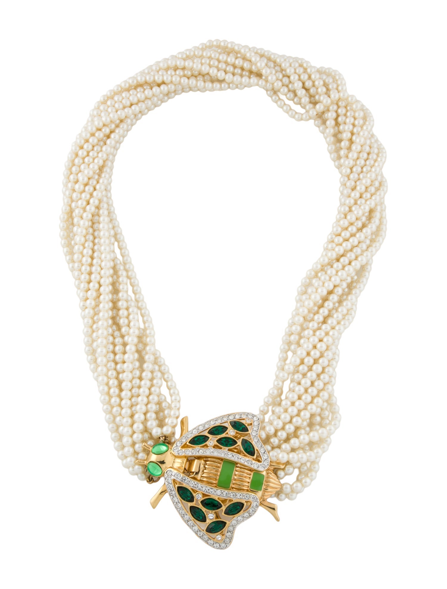 Valentino Vintage Faux Pearl, Crystal, Resin & Enamel Bee Strand Necklace