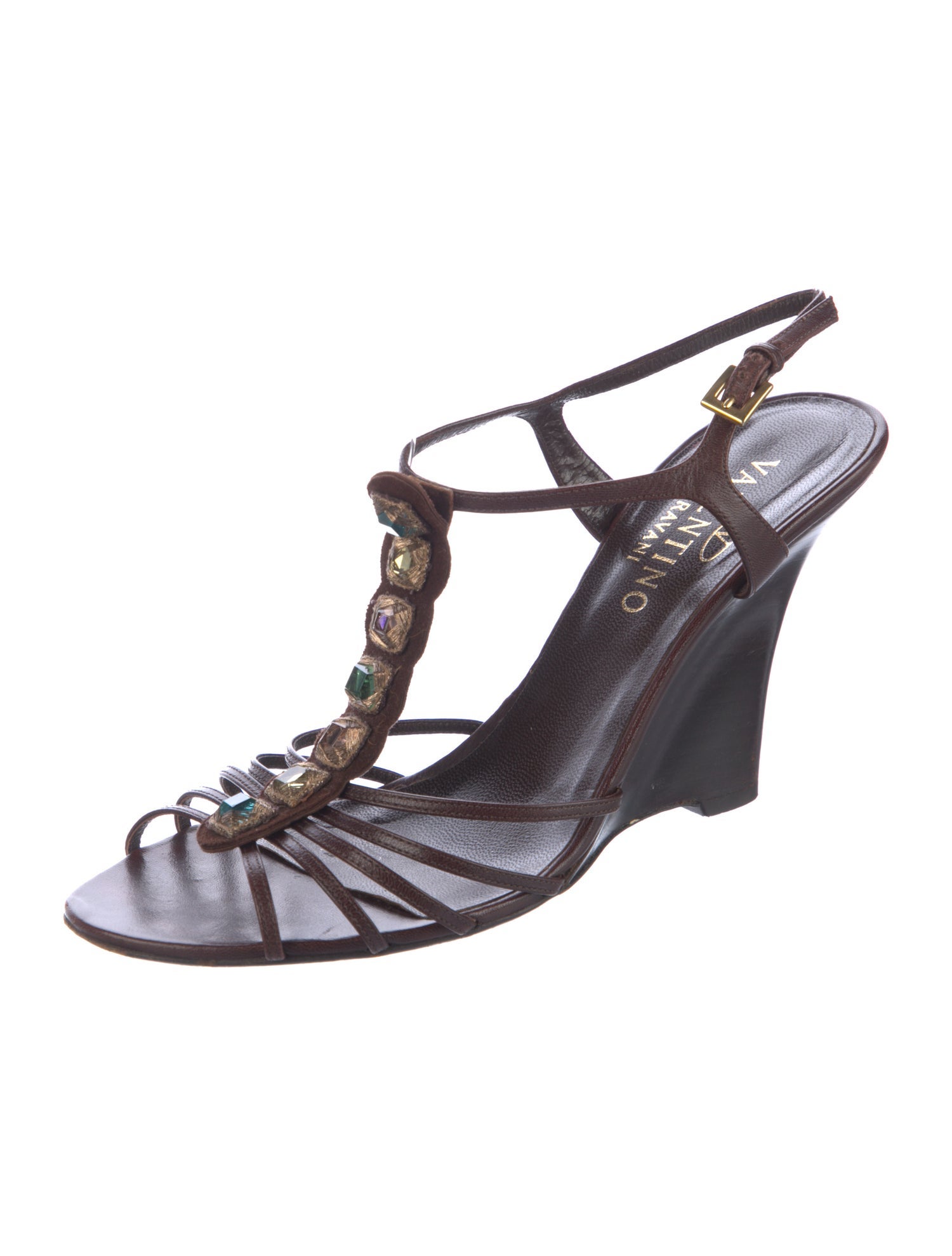 Valentino Leather Crystal Embellishments T-Strap Sandals