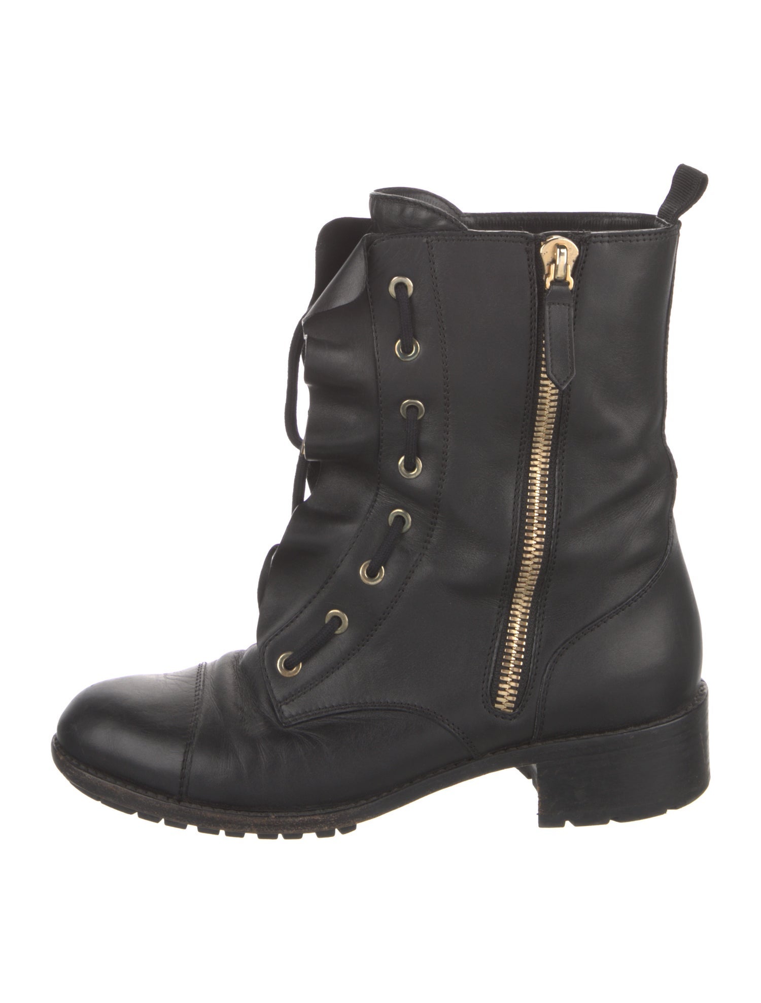 Valentino Leather Ruffle Embellishment Combat Boots