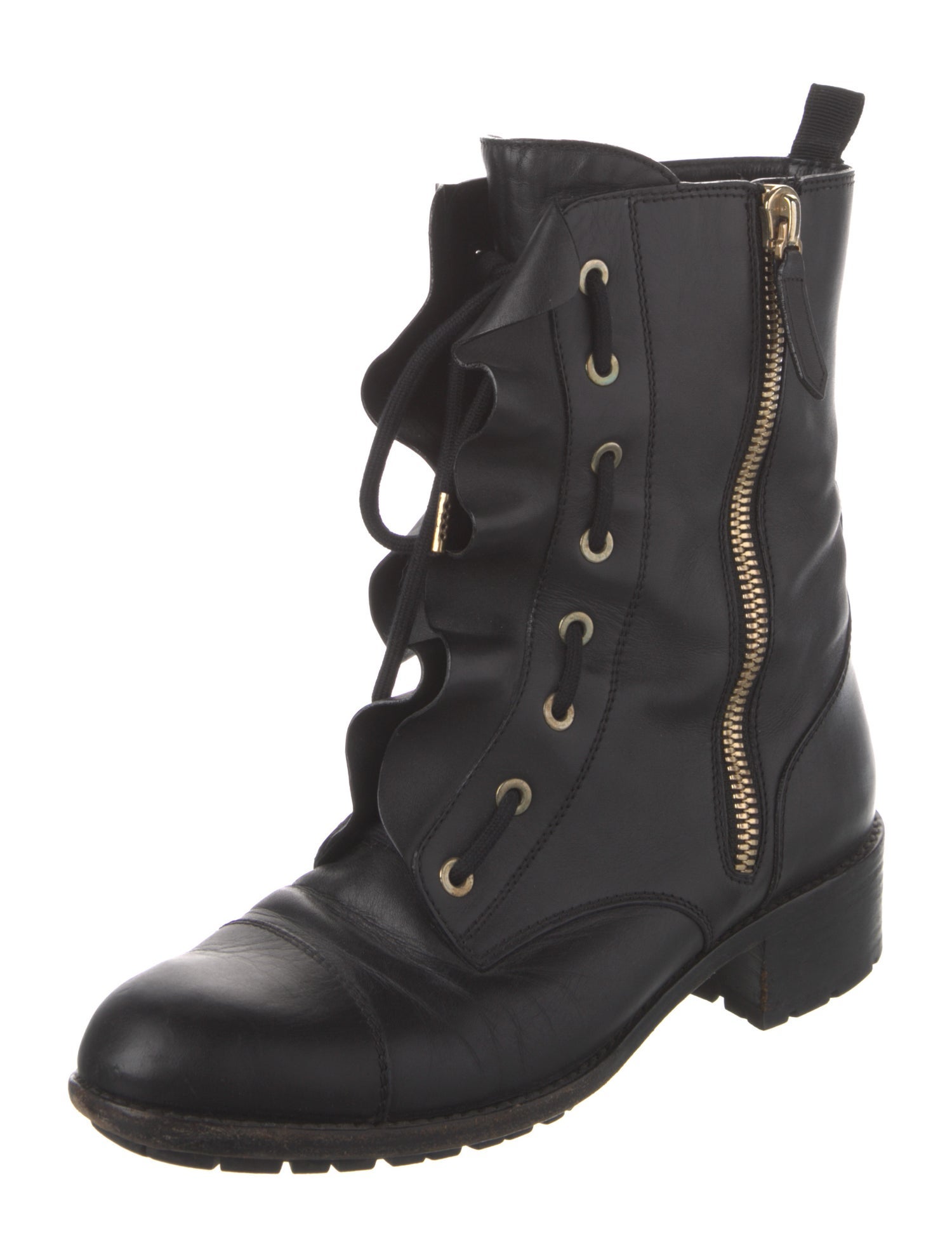 Valentino Leather Ruffle Embellishment Combat Boots