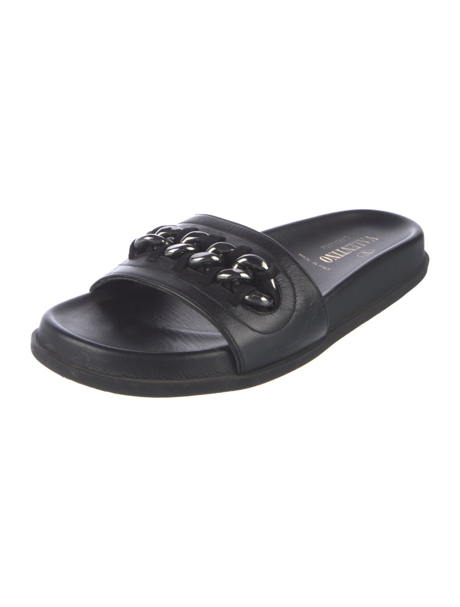 Valentino Chain-Link Accent Leather Slides