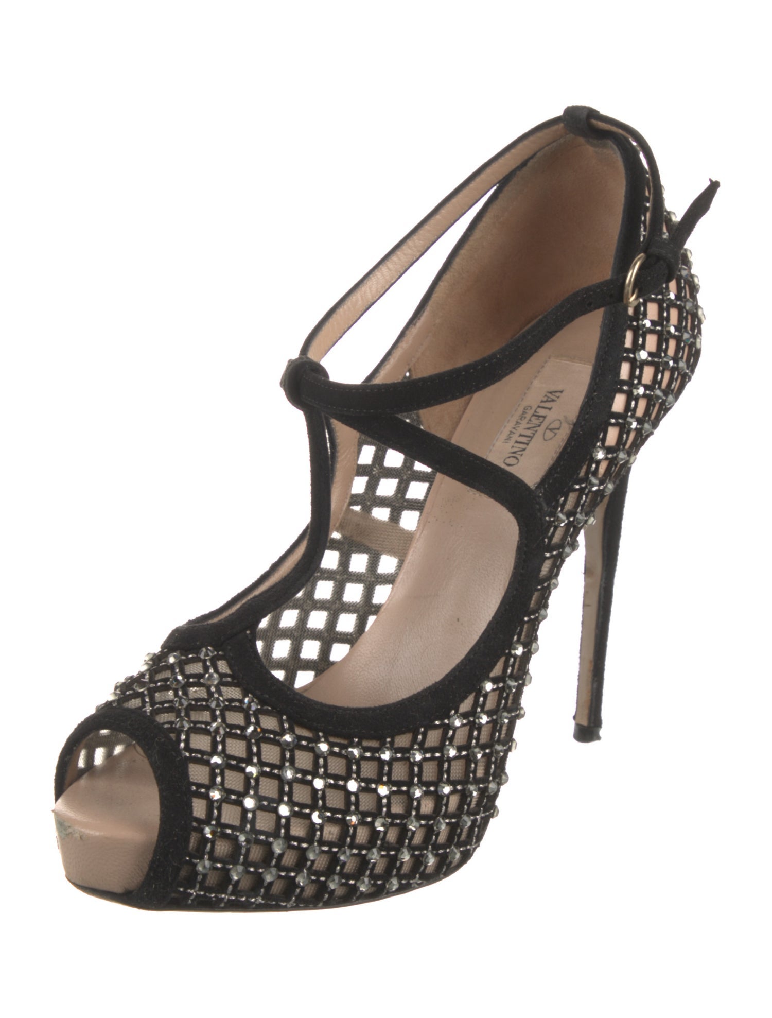 Valentino Suede Mesh Accents T-Strap Pumps