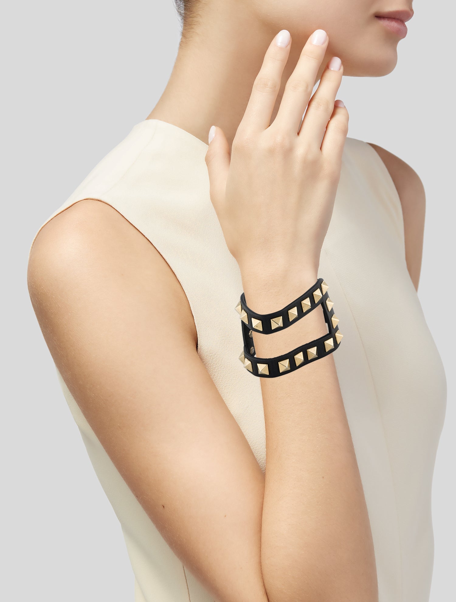 Valentino Double Rockstud Leather Wrap Bracelet