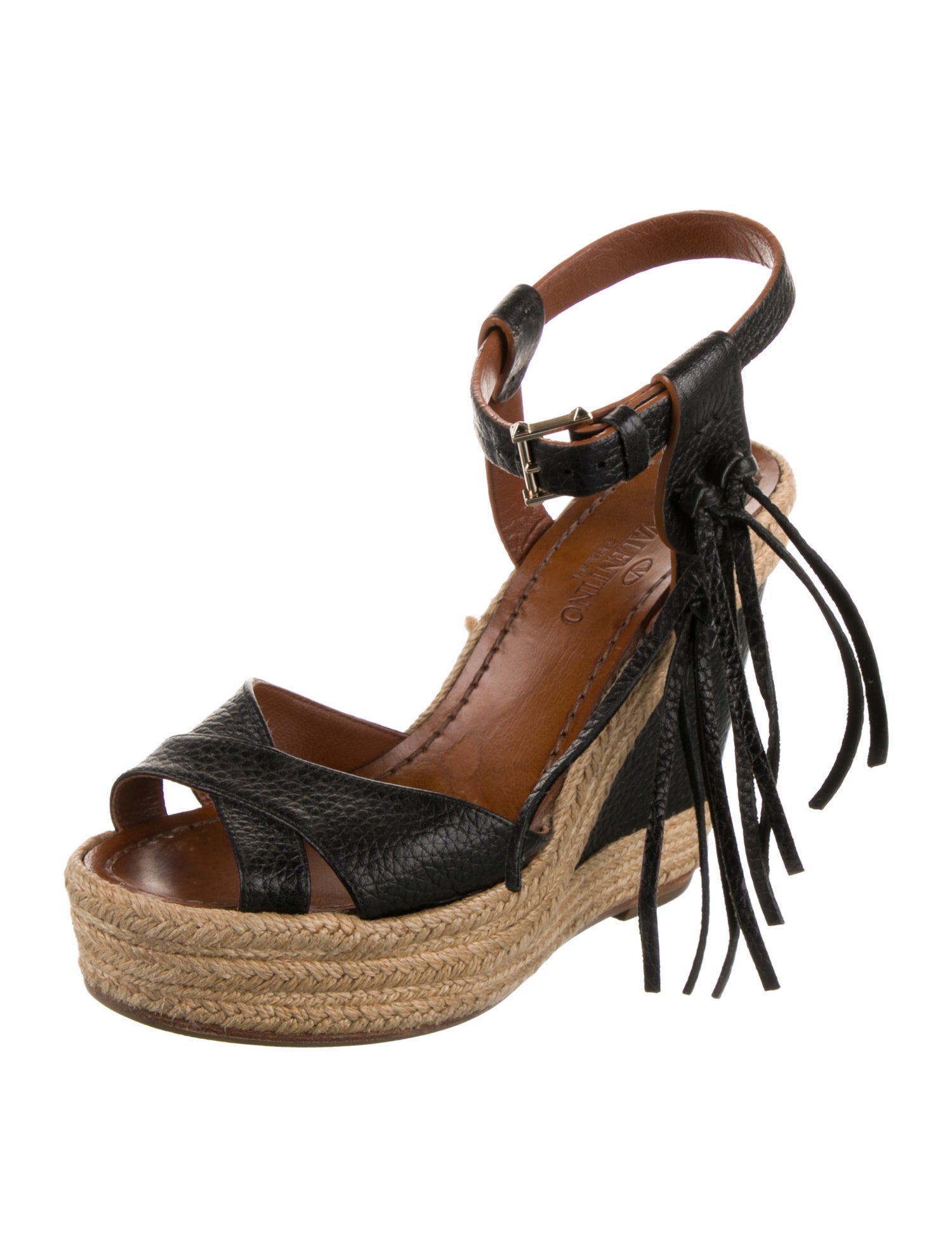 Valentino Leather Fringe Trim Accent Espadrilles