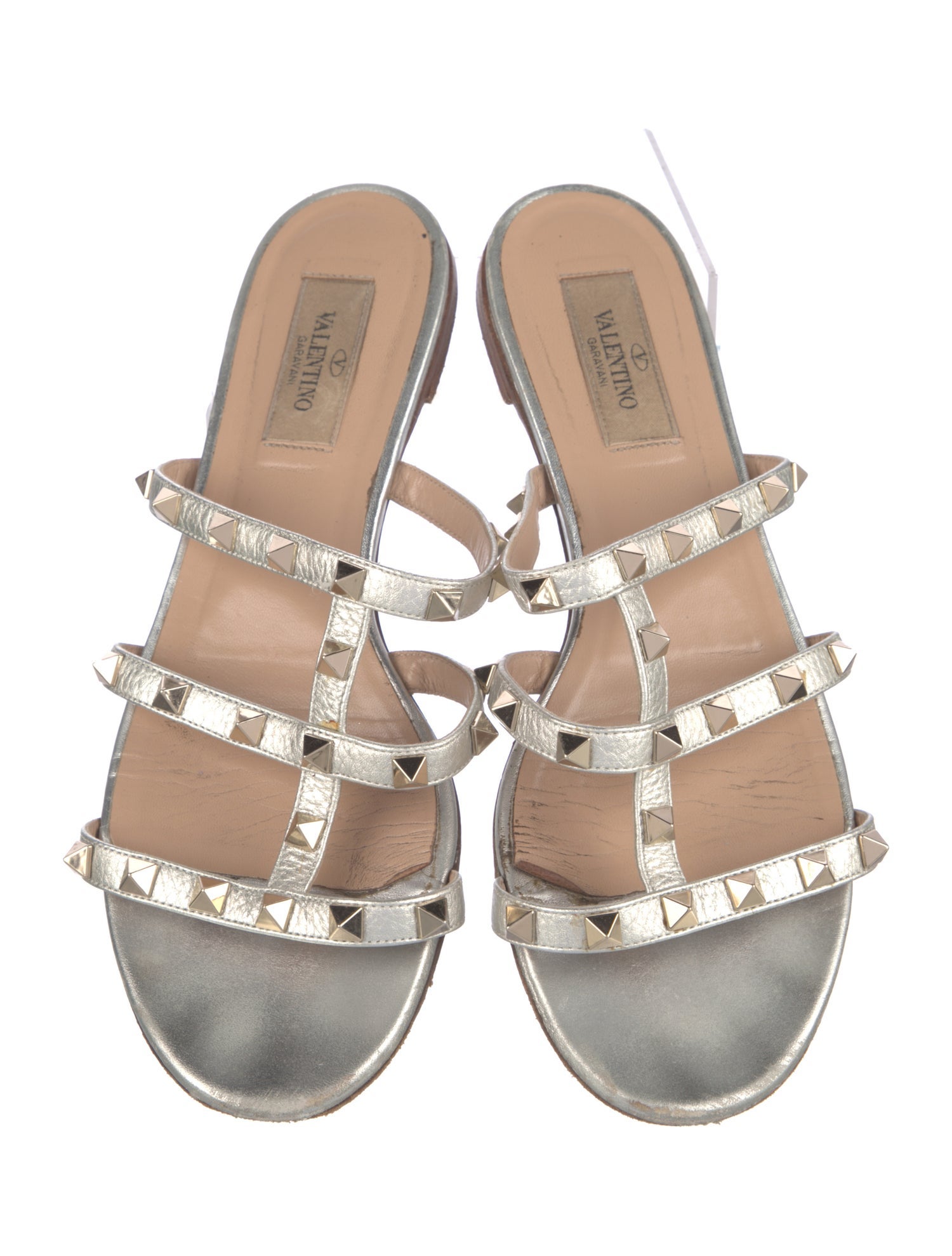 Valentino Rockstud Accents Leather Slides - Metallic Sandals, Shoes ...