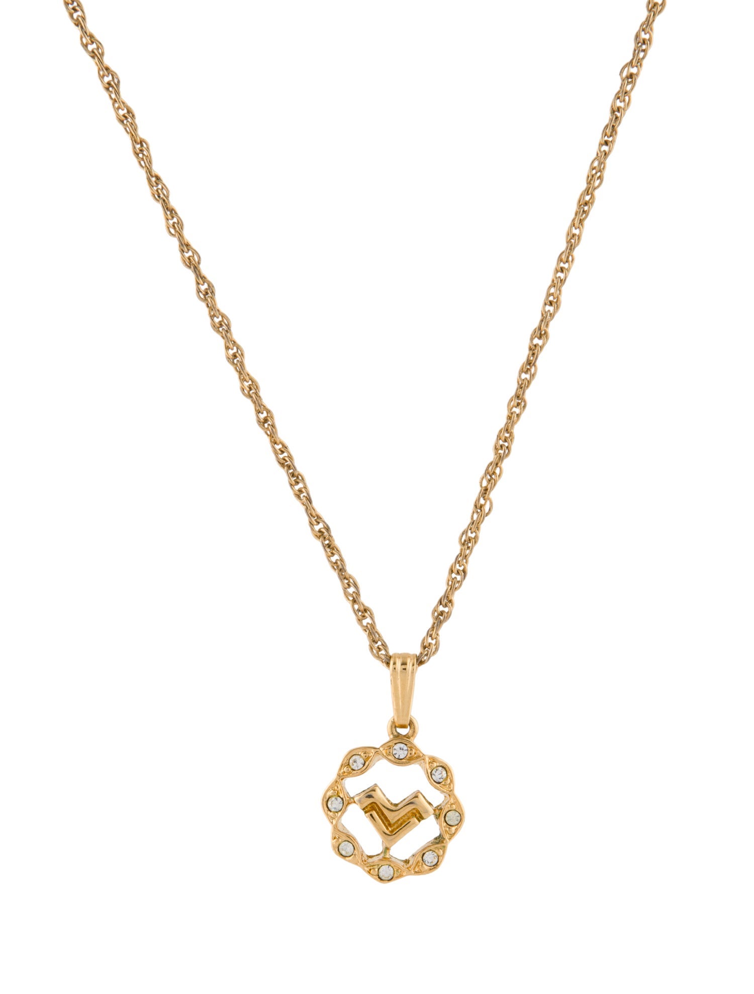 Valentino Vintage Crystal V Logo Pendant Necklace