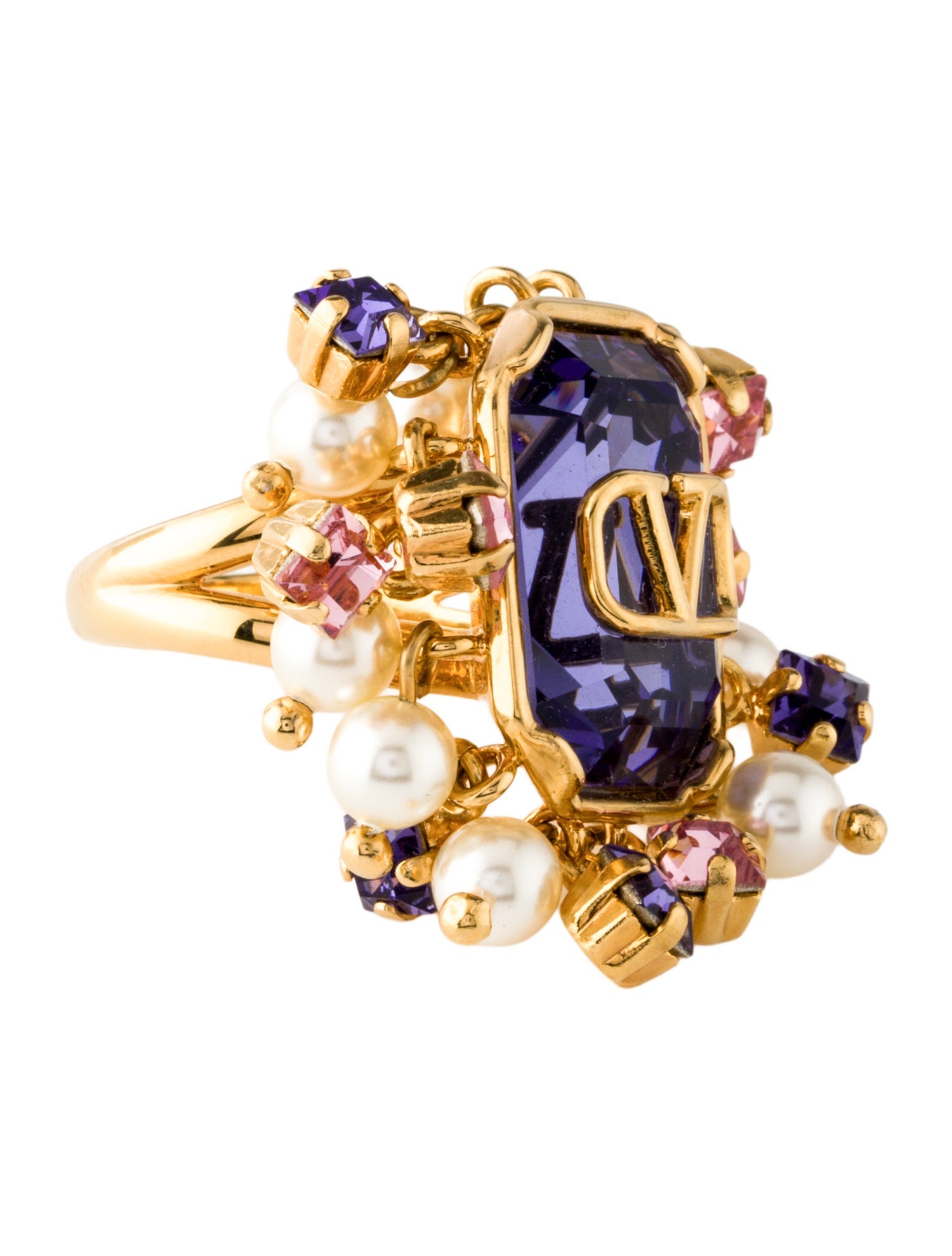 Valentino Faux Pearl & Crystal VLogo Cocktail Ring w/ Tags