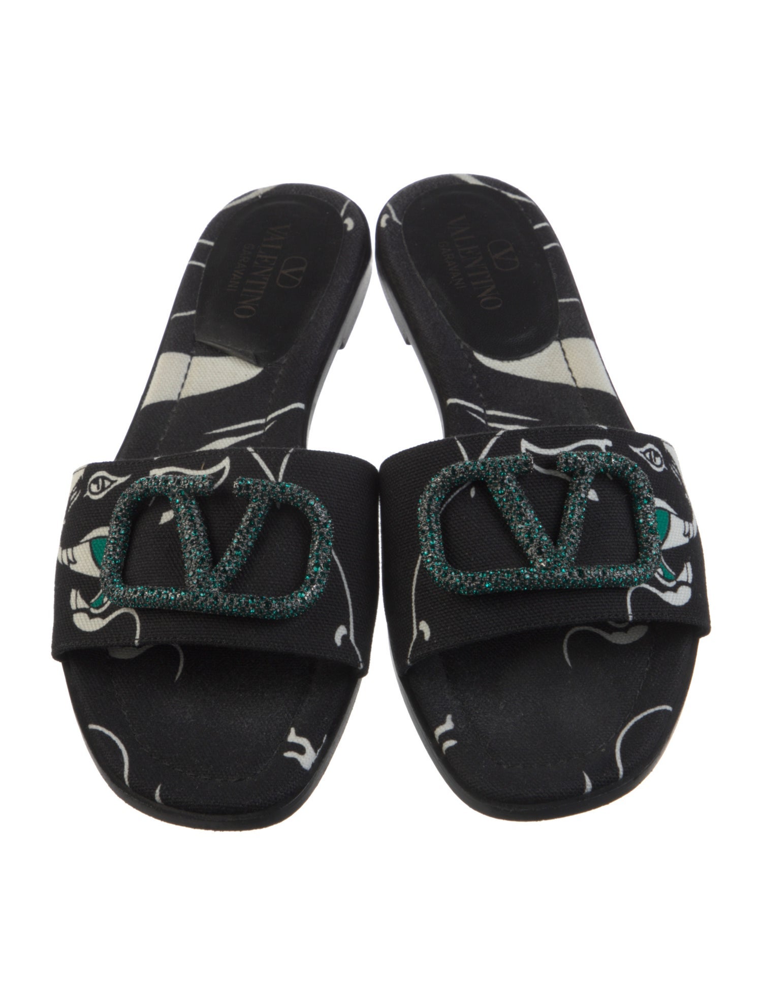 Valentino Printed Crystal Embellishments Slides - Black 