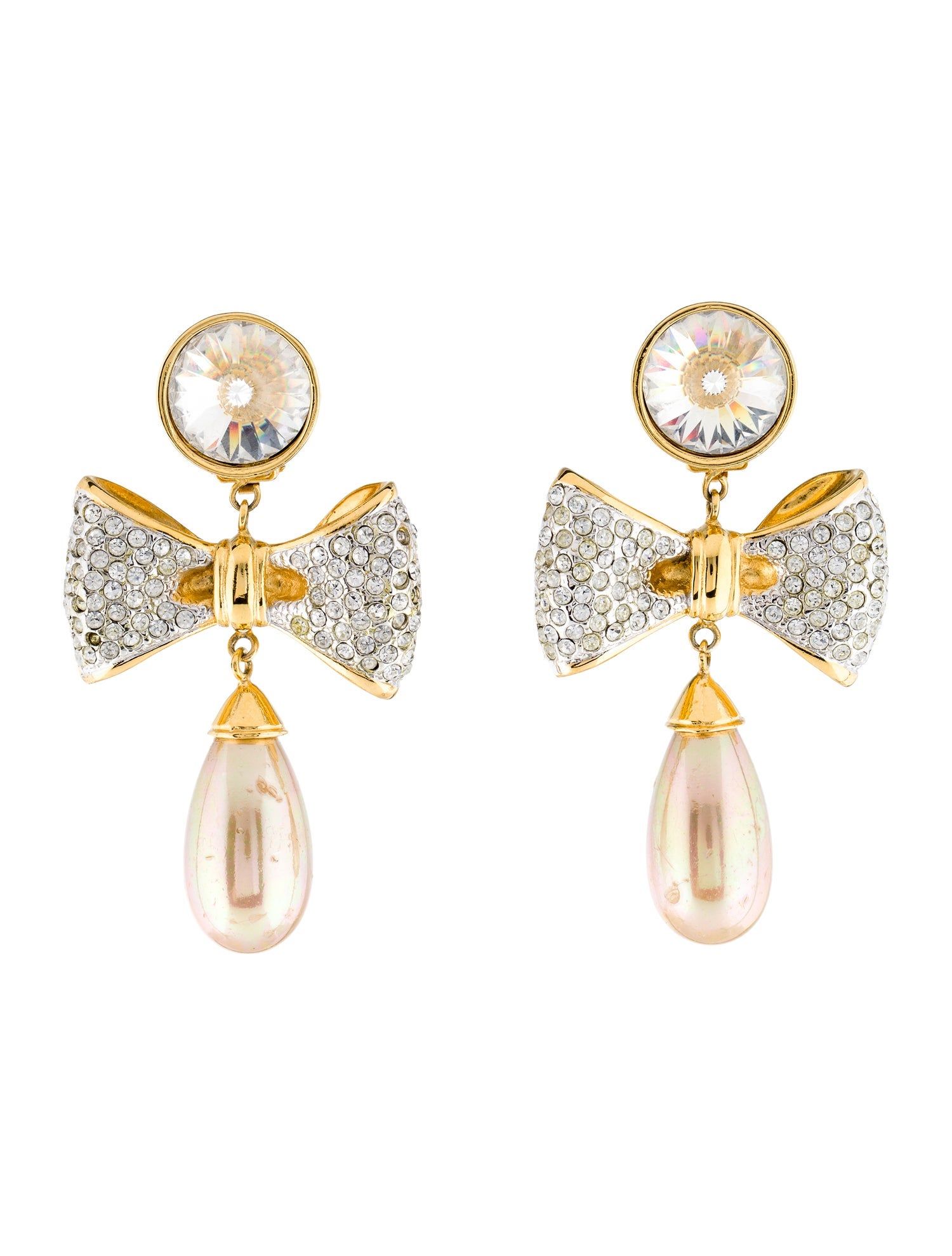 Valentino Faux Pearl & Crystal Bow Clip-On Drop Earrings