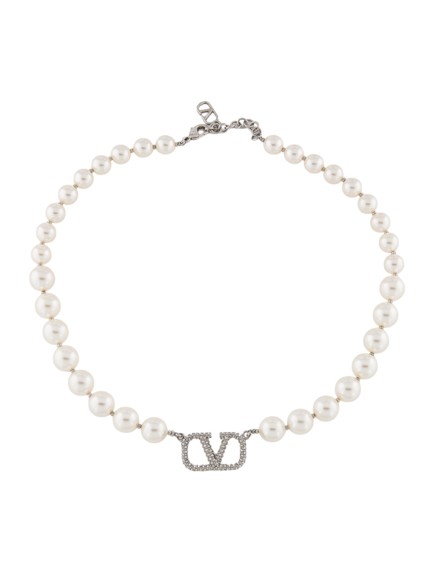 Valentino Faux Pearl & Crystal VLogo Signature Bead Strand Necklace