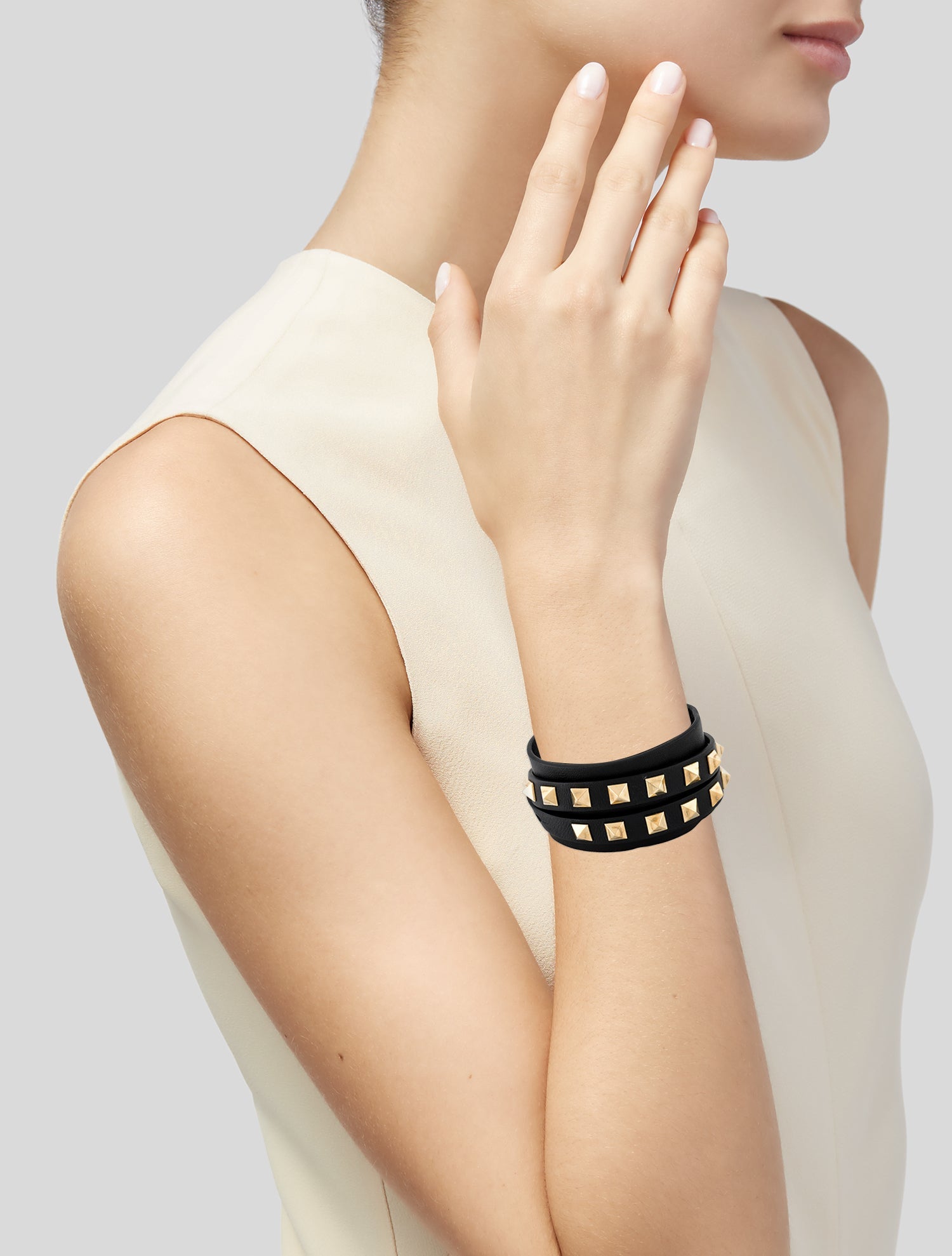 Valentino Leather Rockstud Double Wrap Bracelet