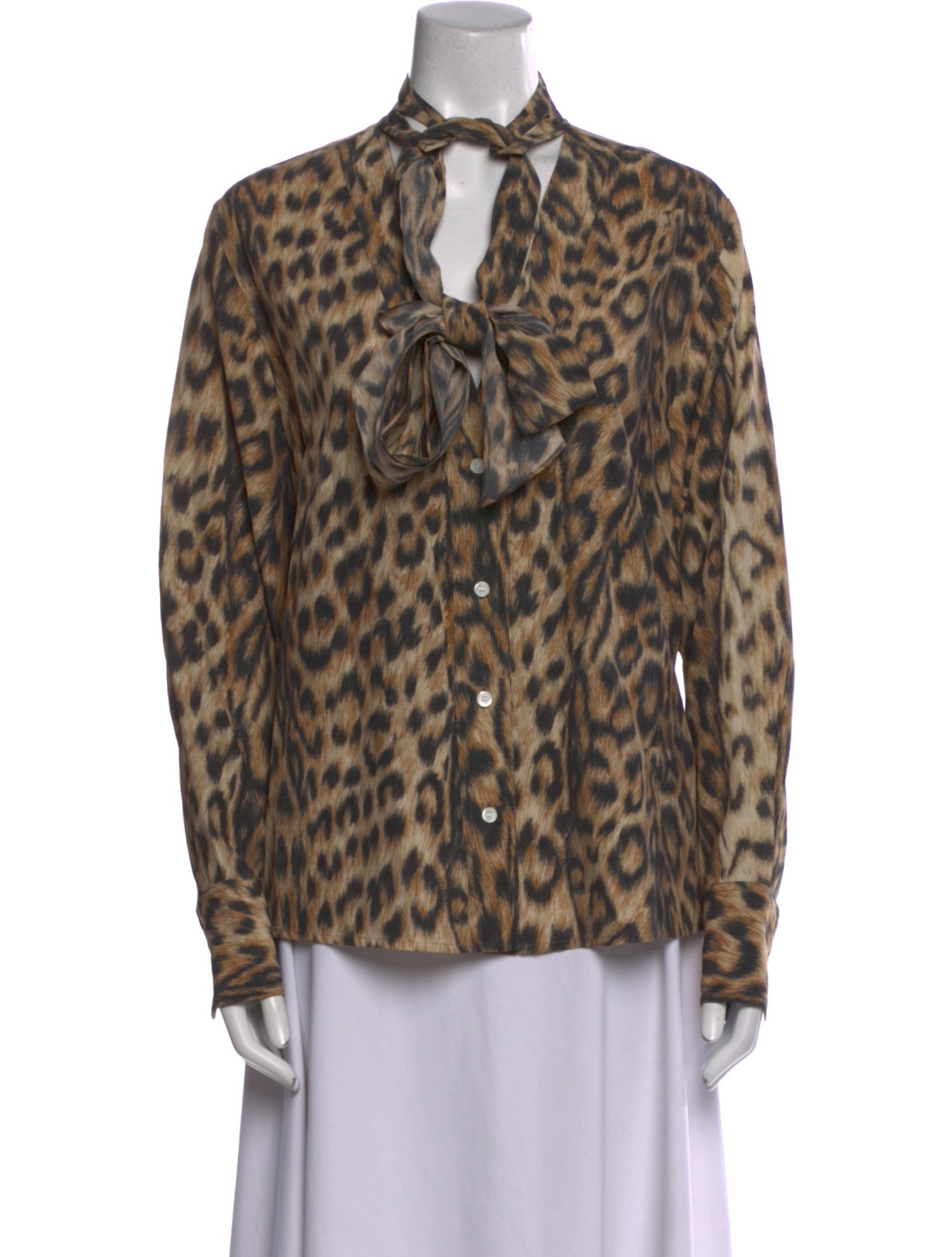 Victoria Beckham Animal Print Tie Neck Button-Up Top