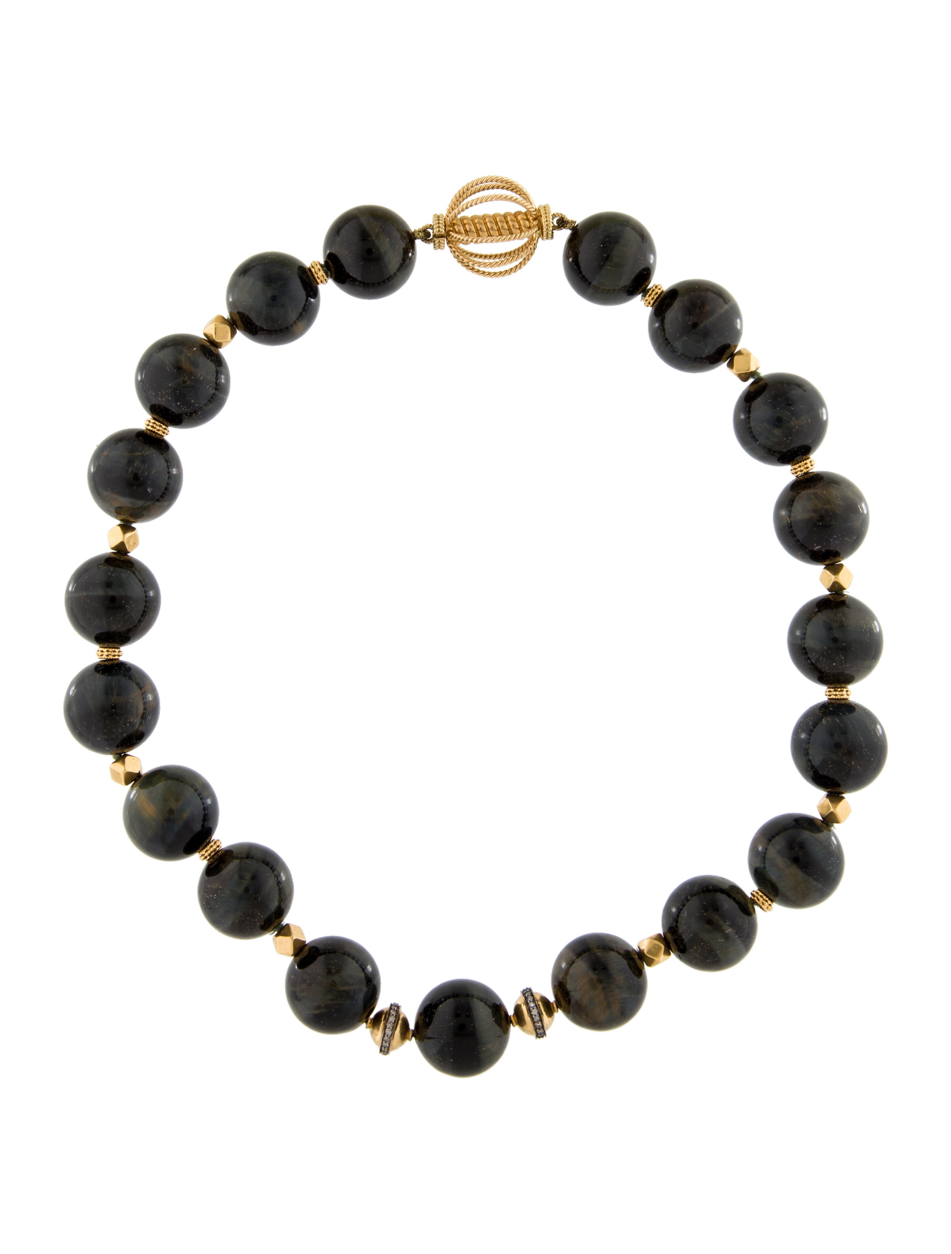 Verdura 18K Pietersite & Diamond Bead Necklace 18K Yellow Gold Bead