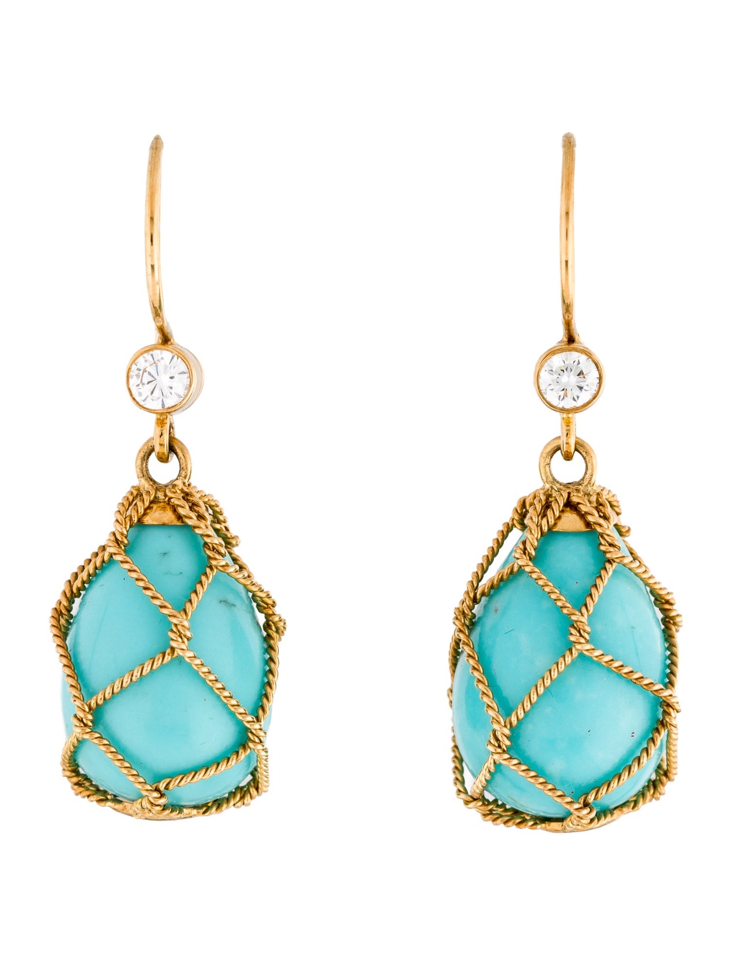 Verdura 18K Turquoise & Diamond Net Drop Earrings