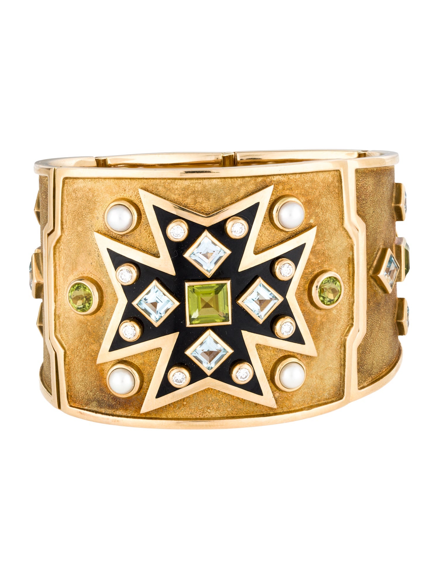 Verdura 18K Pearl & Multistone Maltese Cross Bangle Bracelet