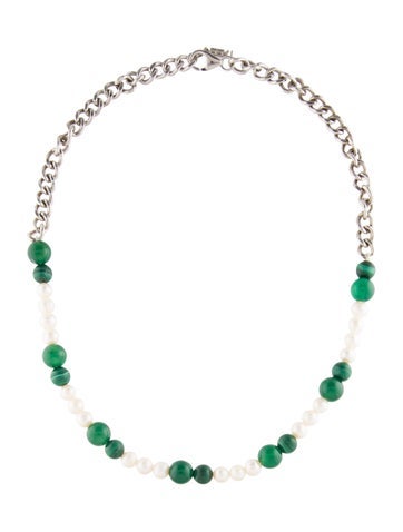 Pre-owned Veert Pearl, Malachite, & Dyed Chalcedony Cuban Link Necklace, 20" In Multi