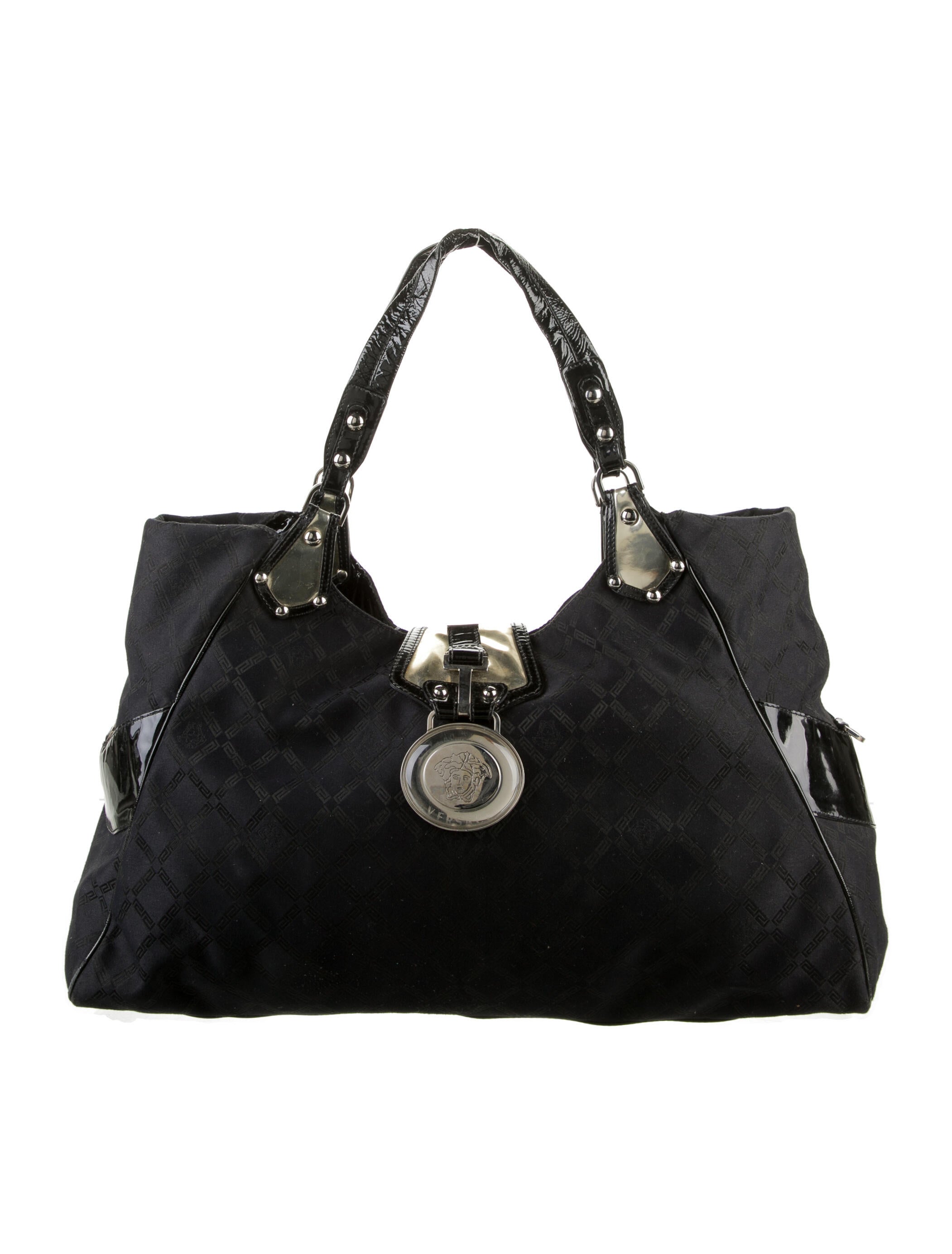 Versace Patent LeatherTrimmed Shoulder Bag Black Shoulder Bags