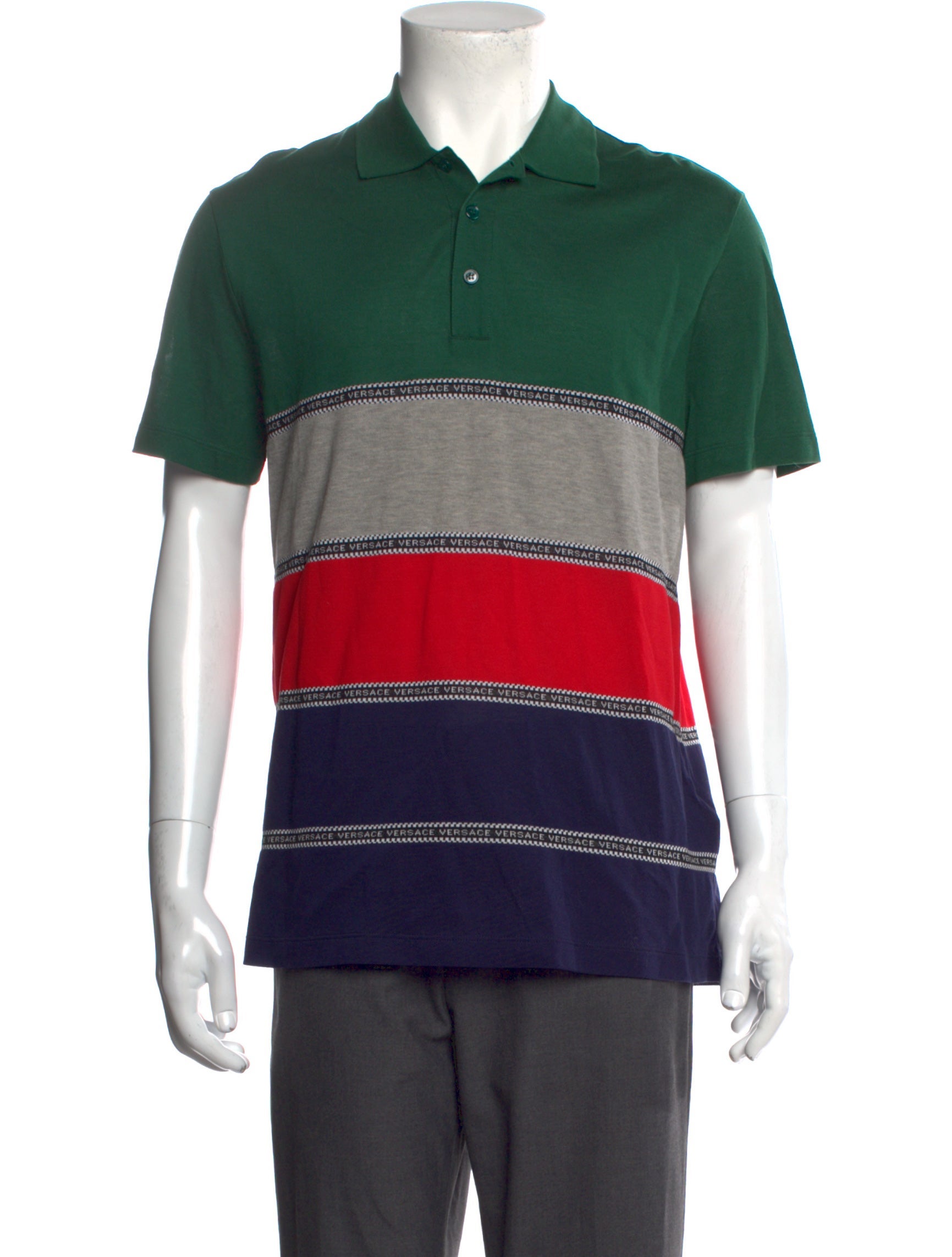 Versace Striped Collar Polo Shirt - Green Polos, Clothing - VES123202 ...