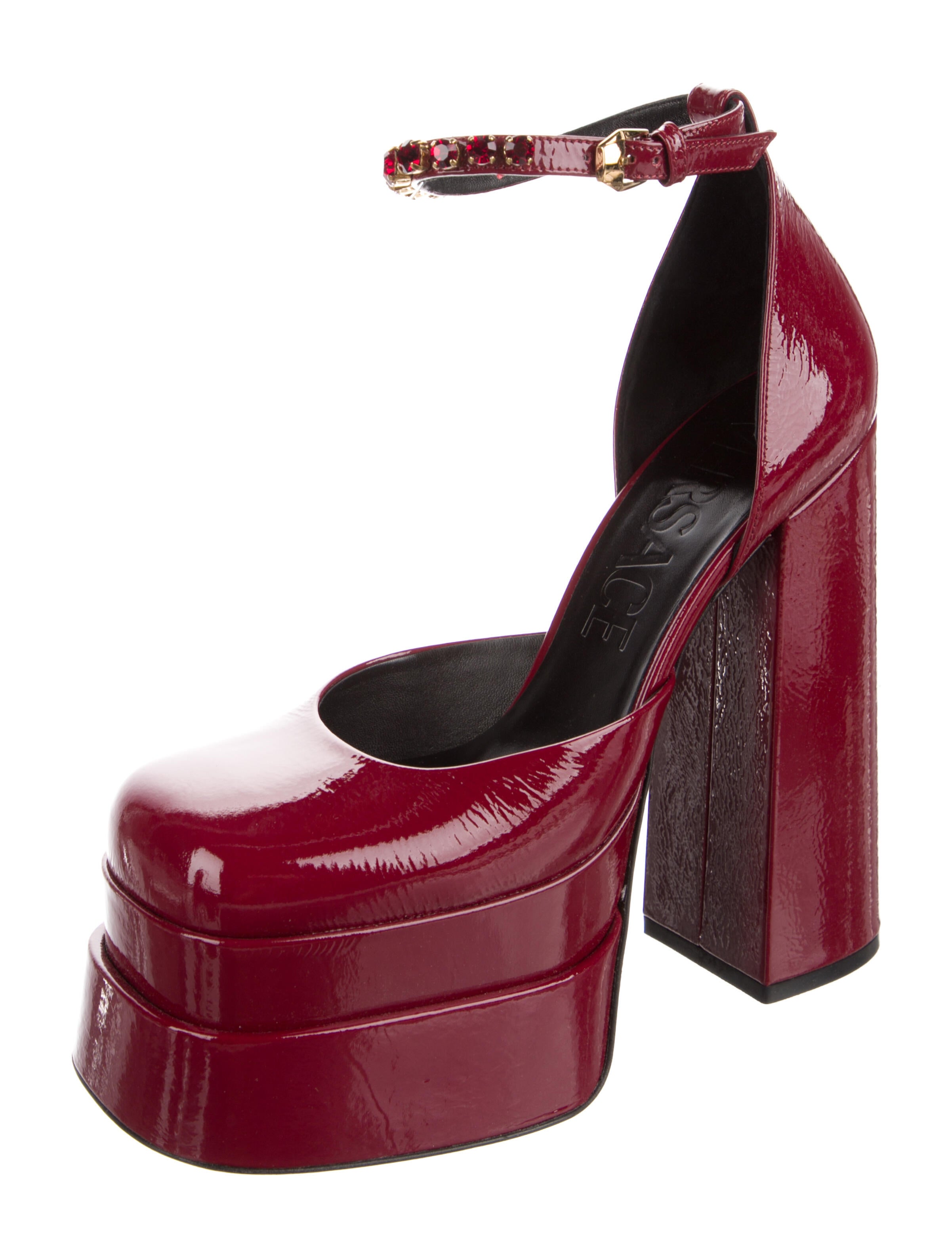 Versace Patent Leather Crystal Embellishments D'Orsay Pumps