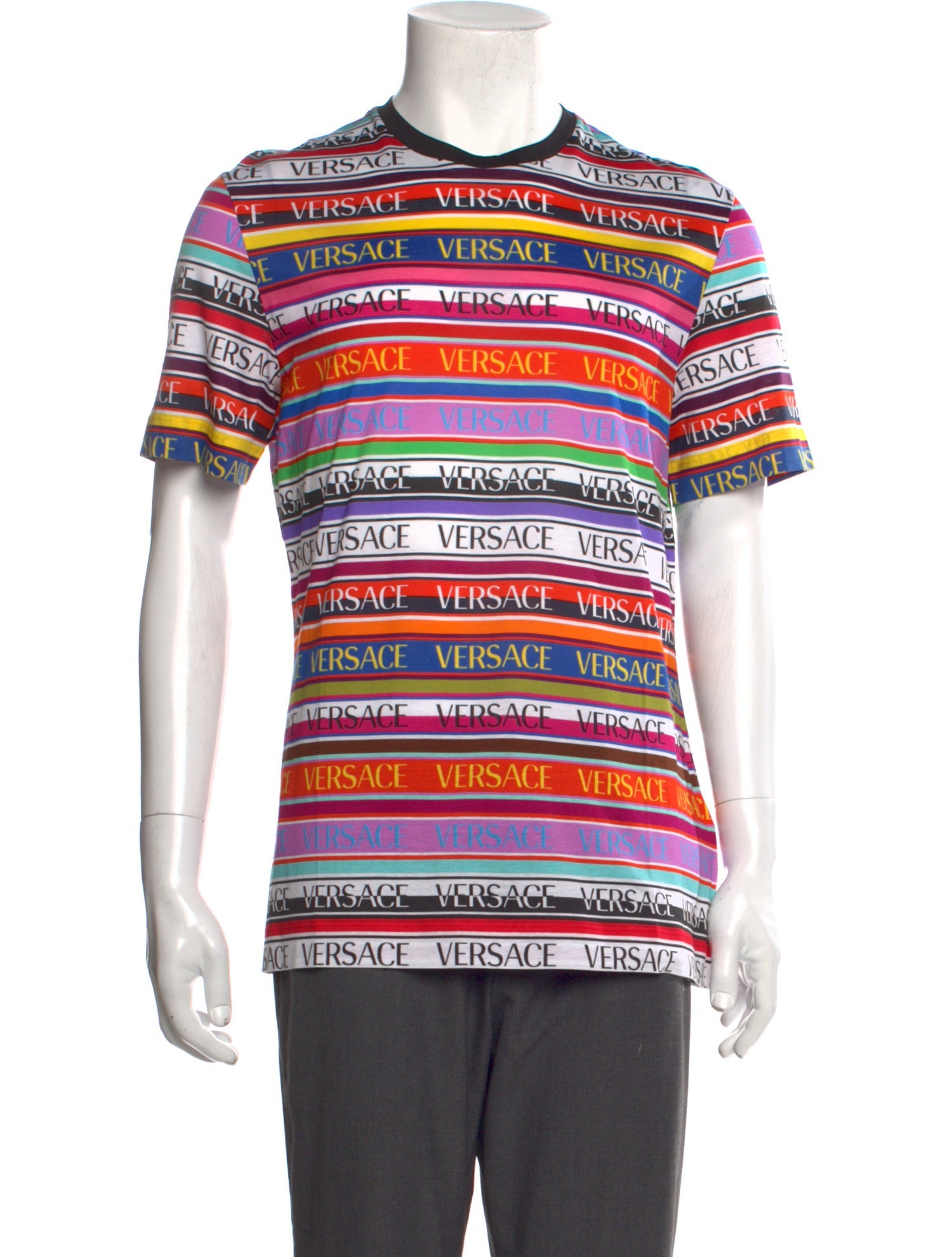 Versace Striped Crew Neck T-Shirt - Pink T-Shirts, Clothing