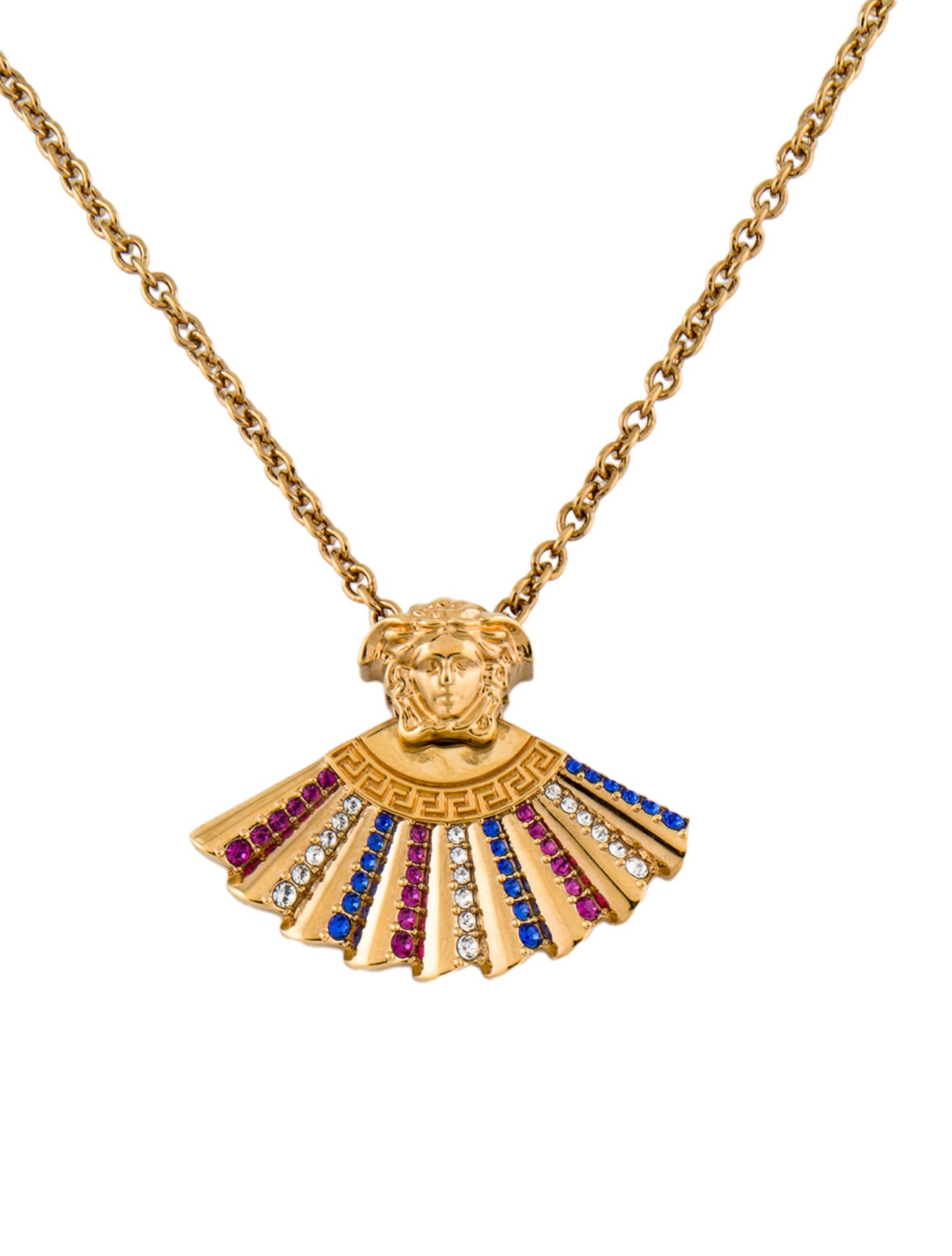 Versace Crystal Folding Fan Pendant Necklace GoldTone Metal Pendant