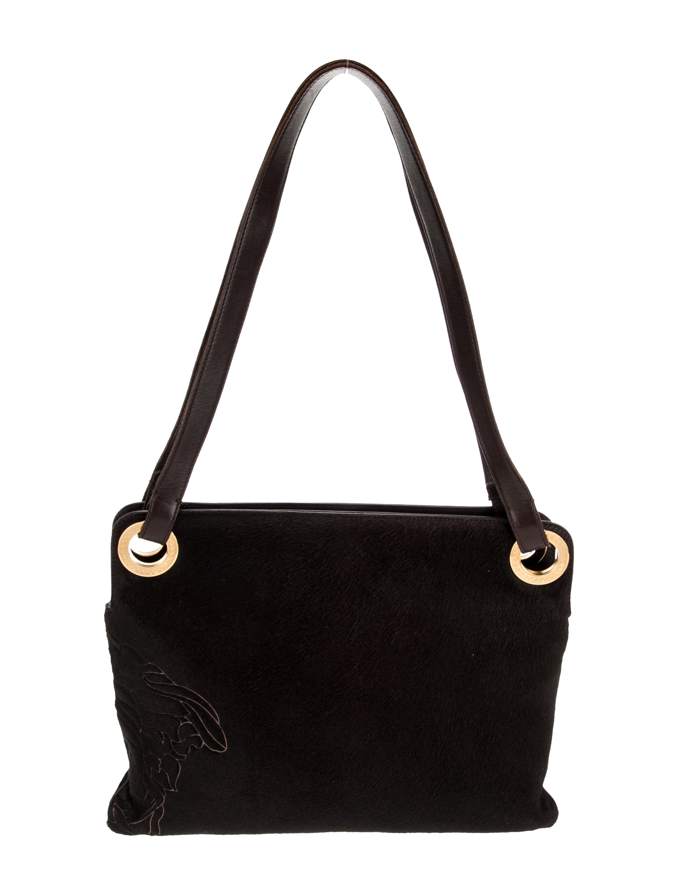 Versace Pony Hair Leather Trimmed Shoulder Bag Brown Shoulder Bags