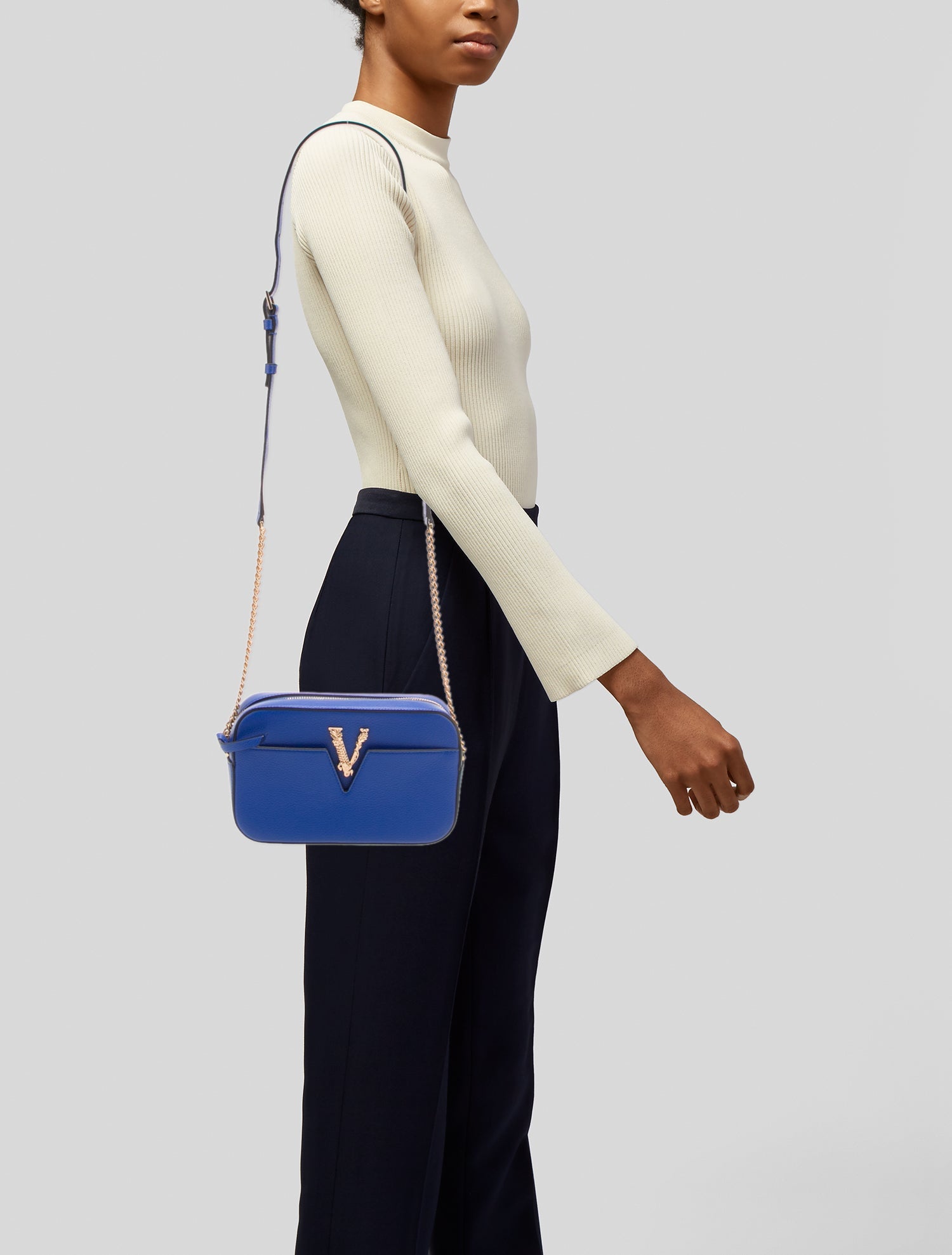 Versace Leather Chain-Link Crossbody Bsg w/Tags - Blue Crossbody