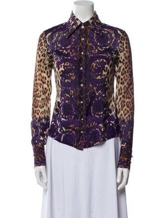 Versace Animal Print Long Sleeve Button-Up Top