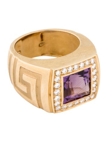 Versace Cocktail Ring 18K 3.23ct Amethyst & Diamond Greca 1.75