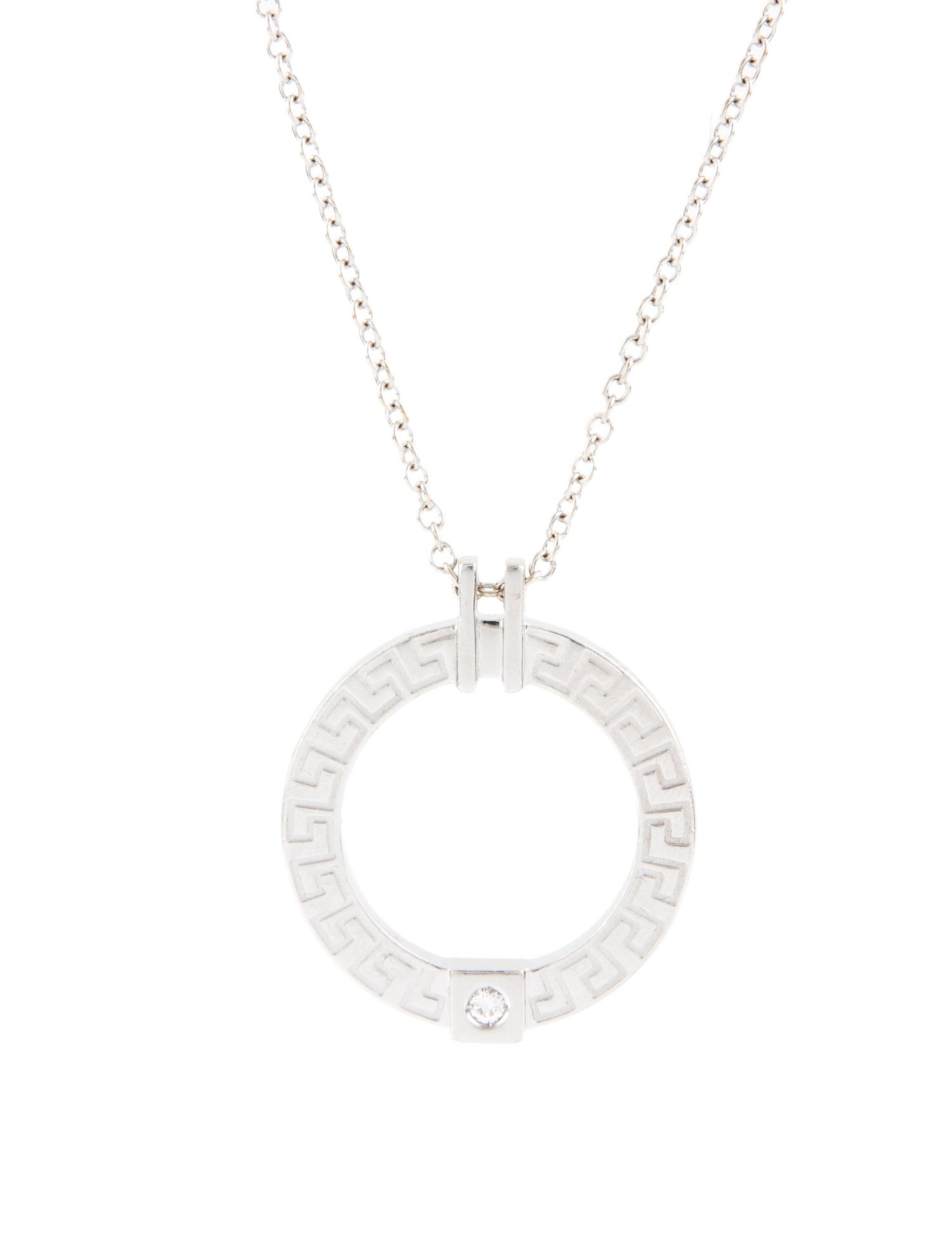 Versace 18K Diamond Greek Key Circle Pendant Necklace