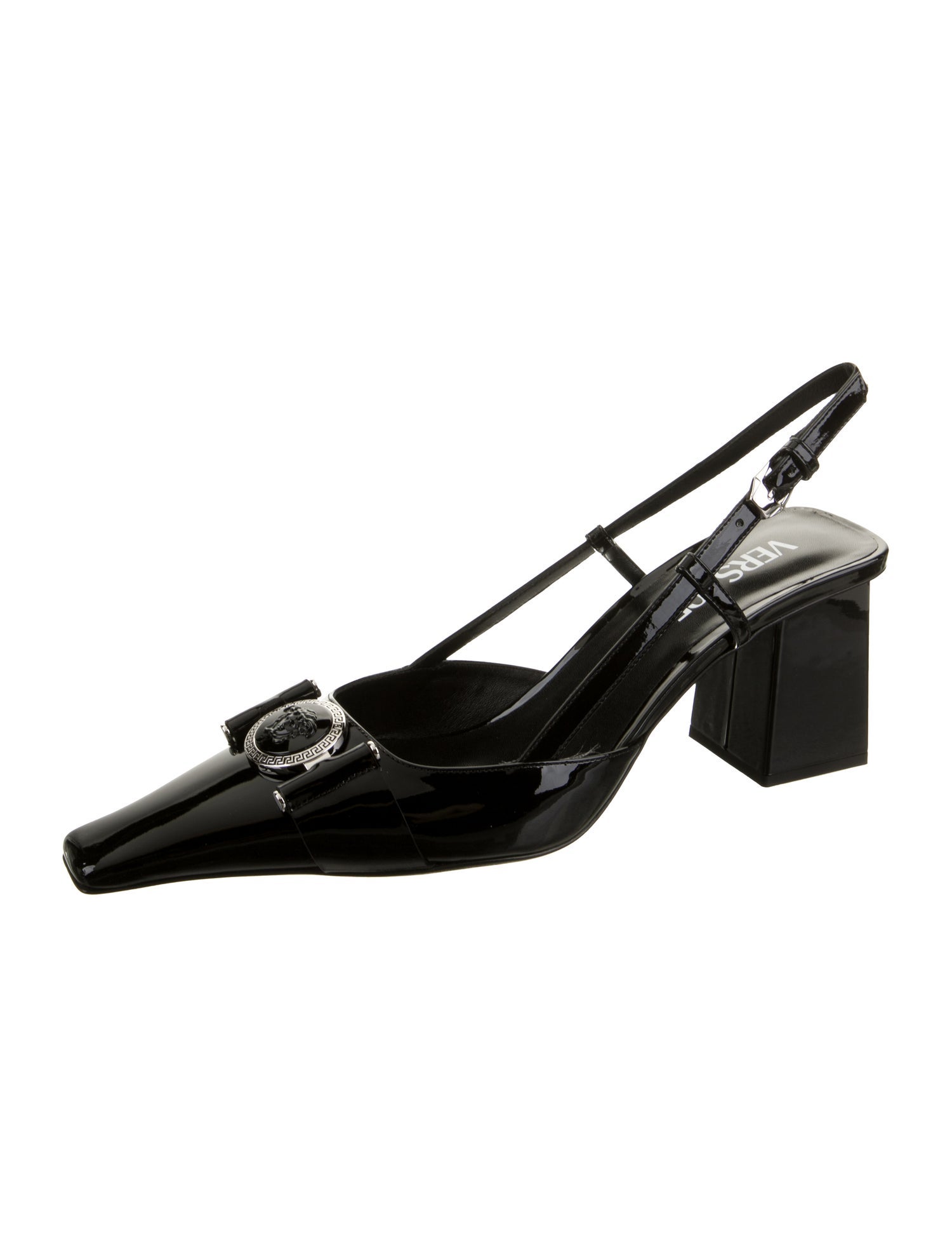 Versace Medusa Insignia Patent Leather Slingback Pumps
