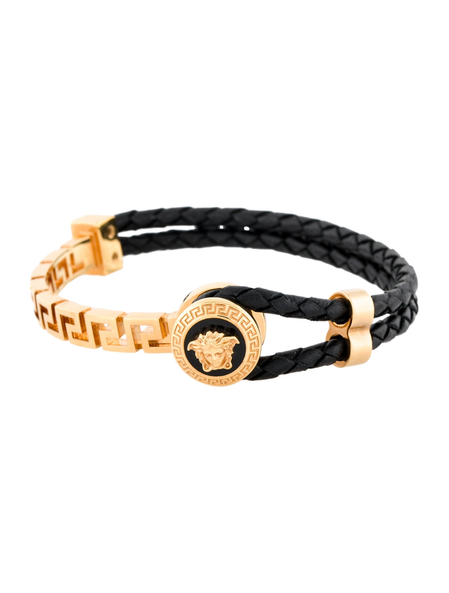 Versace Leather Braided 'Greca' Logo Wrap Bracelet
